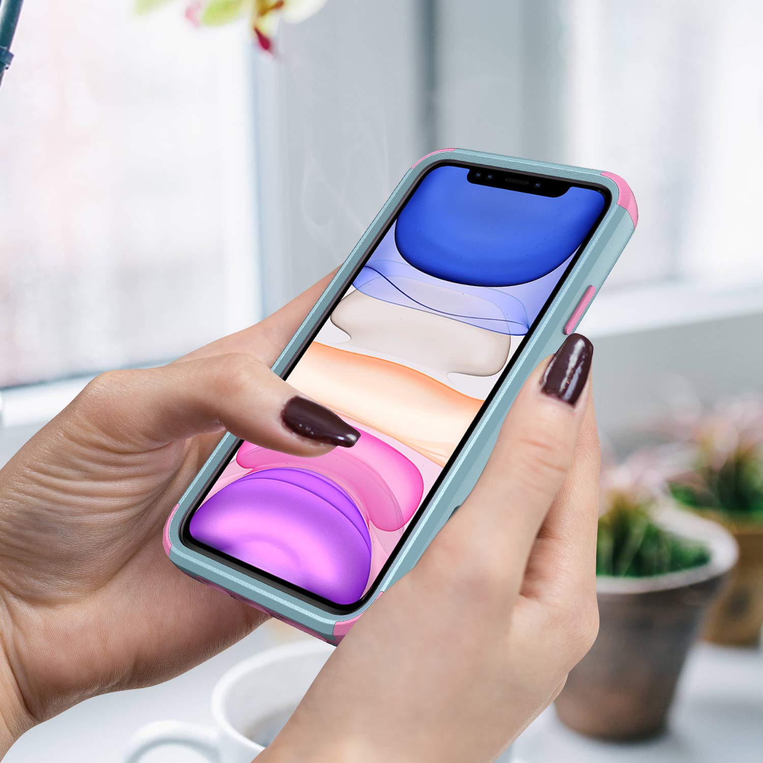 Shockproof Heavy Duty Armor Case for iPhone 12 Pro Max - 3 Layer Protective Rugged Cover, Cute Teal & Pink Design for Women | Perfect for Outdoor Adventures, Work & Everyday Protection