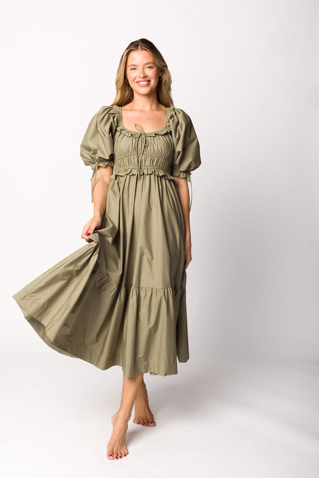 Crissy Ruched Midi Dress in Dusty Olive - Bump Friendly Maternity Dress for Pregnancy & Nursing | Perfect for Baby Showers, Date Nights & Special Occasions