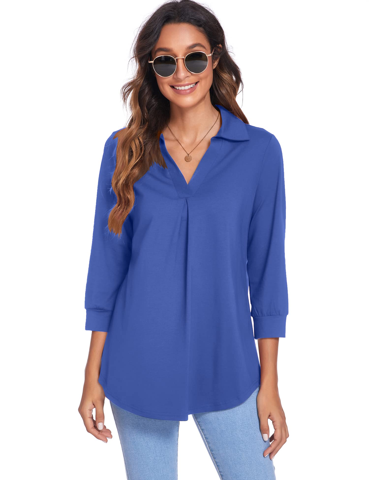 Newchoice Women's Collared V-Neck 3/4 Sleeve Blouse - Business Casual Loose Fit Tops for Work & Office (Sizes S-3XL) | Perfect for Office Wear, Business Meetings & Professional Outfits