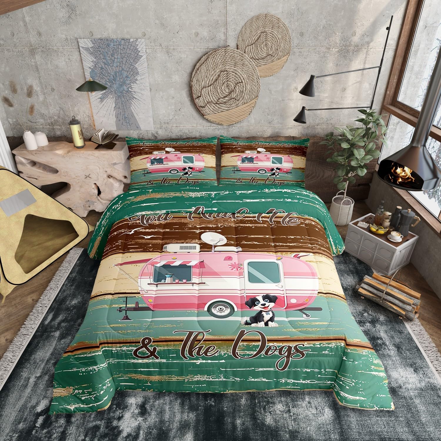 Happy Camping Bedding Set King Size - Vintage Barn Door Design with Kawaii Dog Print | Rustic Farmhouse Style Comforter for Boys, Kids & Teens | Perfect for Camping Trips, Dorm Rooms & Cozy Bedrooms