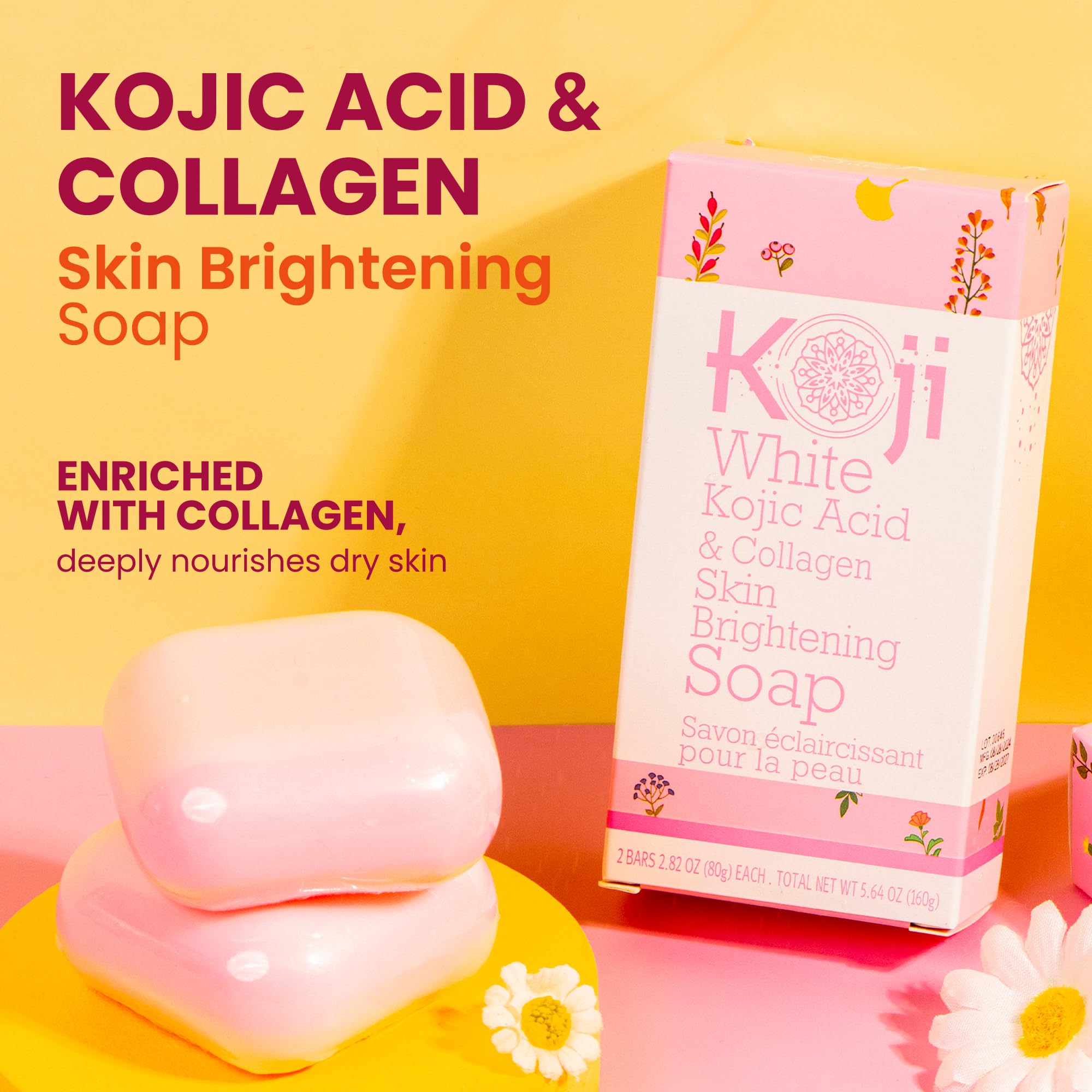 Koji White Kojic Acid & Collagen Skin Brightening Soap - Face & Body Cleanser for Glowing Skin, Moisturizing Bar to Reduce Wrinkles, Vegan & Paraben-Free, 2.82oz (2 Bars) - Perfect for Daily Skincare Routine & Hyperpigmentation Treatment