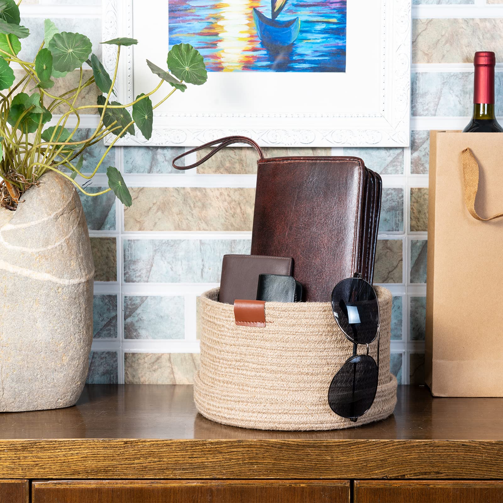 Natural Jute Rope Woven Storage Baskets with Lids & Genuine Leather Handles - Set of 2 (Large & Small) for Home Organization | Decorative Storage Bins for Bedroom, Bathroom & Living Room Clutter Control