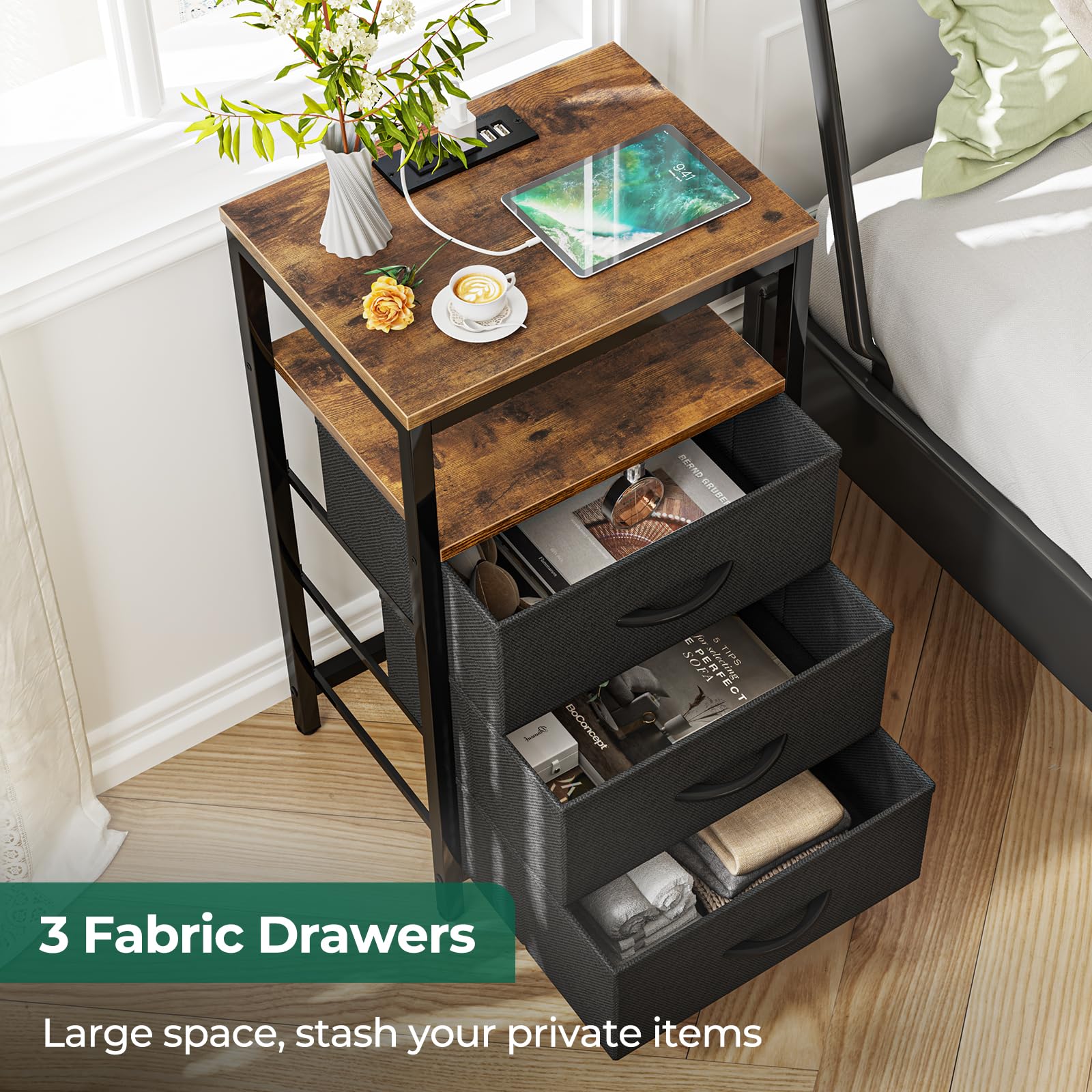 Huuger Nightstands Set of 2 - 27.6 Inch Rustic Brown and Black Bedside Tables with USB Charging Station, Fabric Drawers & Outlet - Perfect for Bedroom, Living Room or Guest Room Night Stands
