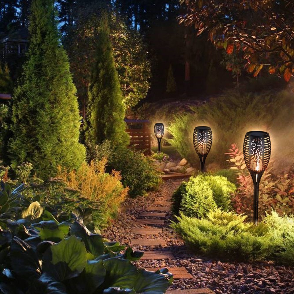 ELEOPTION 96 LED Solar Garden Torch Lights - Waterproof Outdoor Solar Lights for Patio, Yard, Pathway - 2 Pack Solar Powered Landscape Lighting for Backyard, Deck, Poolside
