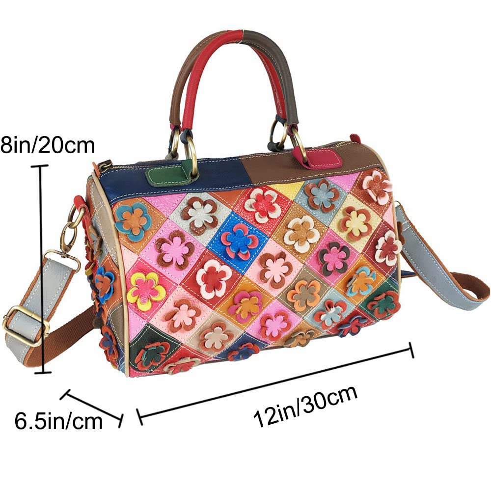 Genuine Leather Boston Bags for Women - 3D Floral Top Handle Handbag, Satchel Shoulder Crossbody Tote Purse | Work, Travel & Everyday Use