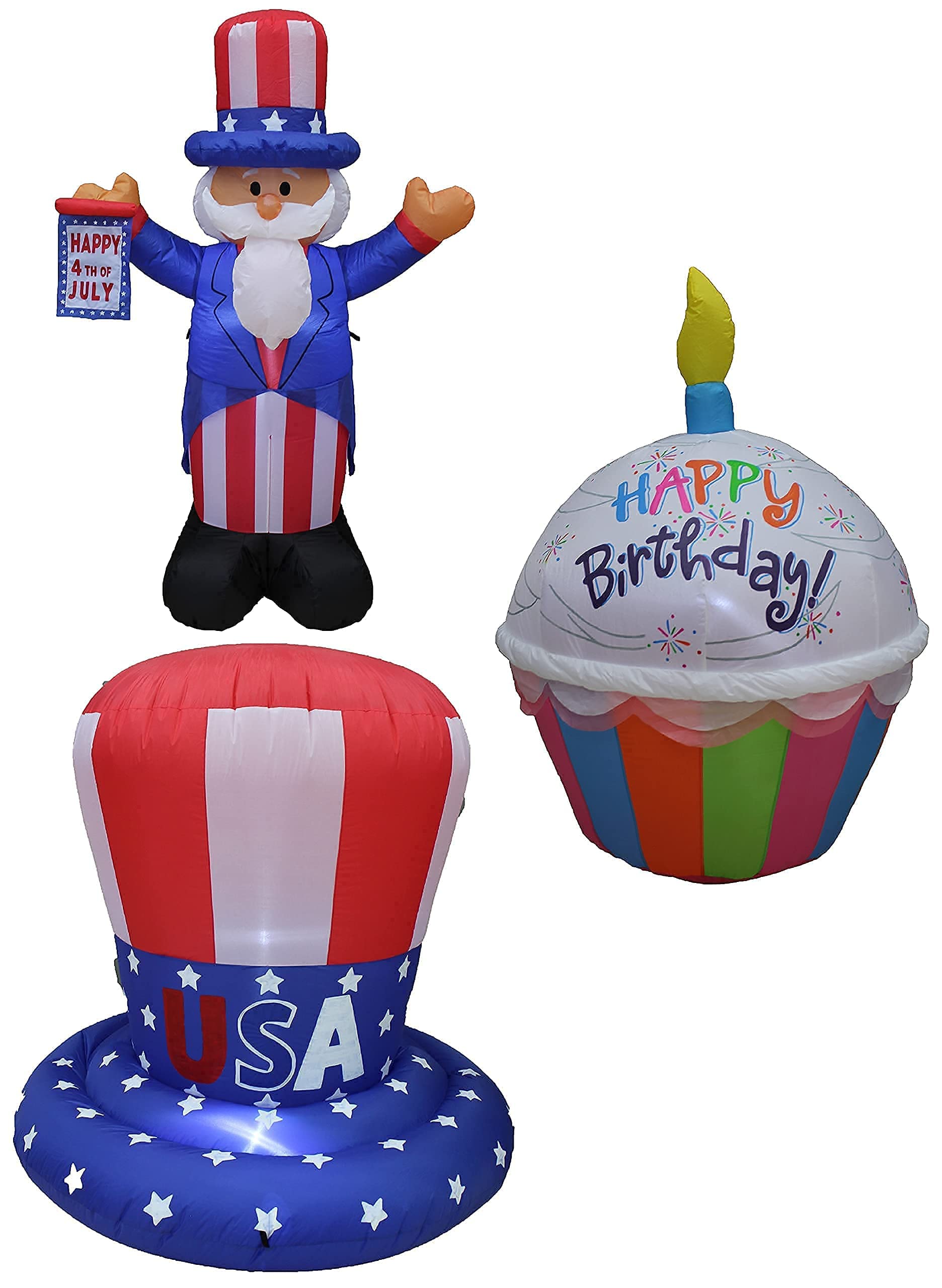 4ft Tall Patriotic Inflatable Uncle Sam, USA Flag Top Hat & Birthday Cupcake Decorations Bundle – Perfect for Independence Day, 4th of July, Memorial Day & Birthday Party Decor