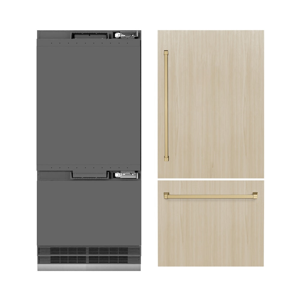 ZLINE Autograph Edition 36 Inch Built-In Bottom Freezer Refrigerator - 19.8 cu. ft. Panel Ready with Ice Maker & Water Dispenser, Graphite Gray Interior & Champagne Bronze Accents (GRBITZ 36 CB) - Perfect for Modern Kitchens, Open Concept Homes & Luxury Appliances Collection