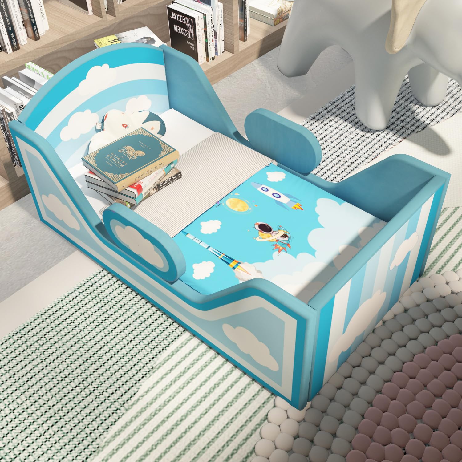 Round Toddler Bed with Safety Rail & Upholstered Headboard - Standard Crib Size Floor Bed for Kids 18 Months to 6 Years (Sky Blue, No Mattress Included) | Perfect for Montessori Bedrooms, Daycare Centers & Safe Sleep Training