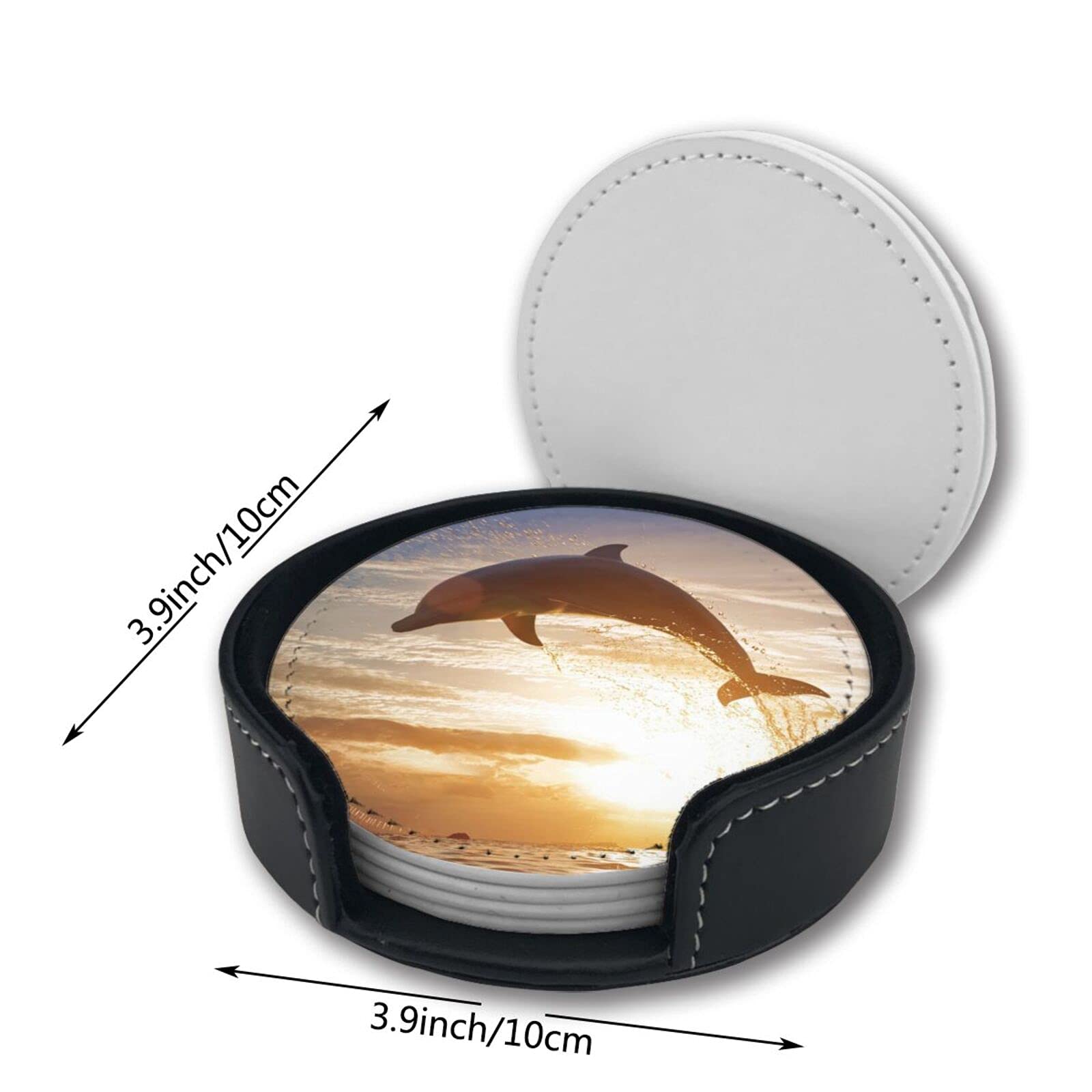 Premium Dolphin Sunrise Leather Coasters Set of 6 with Holder - Waterproof Drink Coasters for Coffee, Wine & Beer Cups - Perfect for Home, Office & Restaurant Use