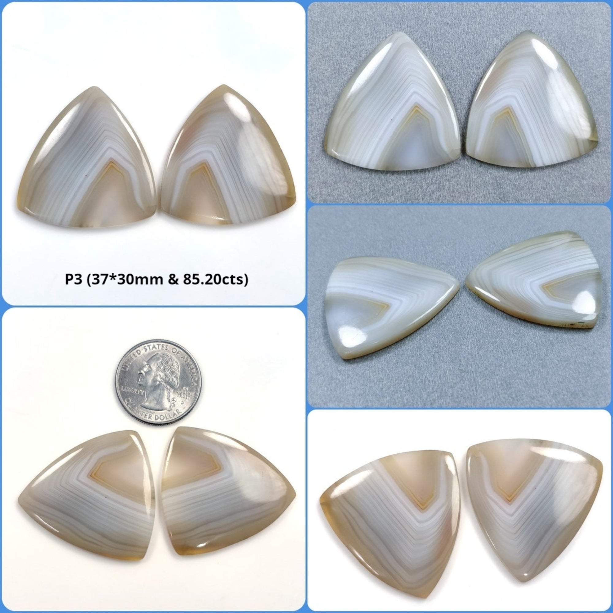 Natural Untreated Botswana Agate Gemstone Cabochon - Bi-Color Agate Trillion & Unique Shape Pair (2pcs) for Jewelry Making, Wire Wrapping & Healing Crystal Collection
