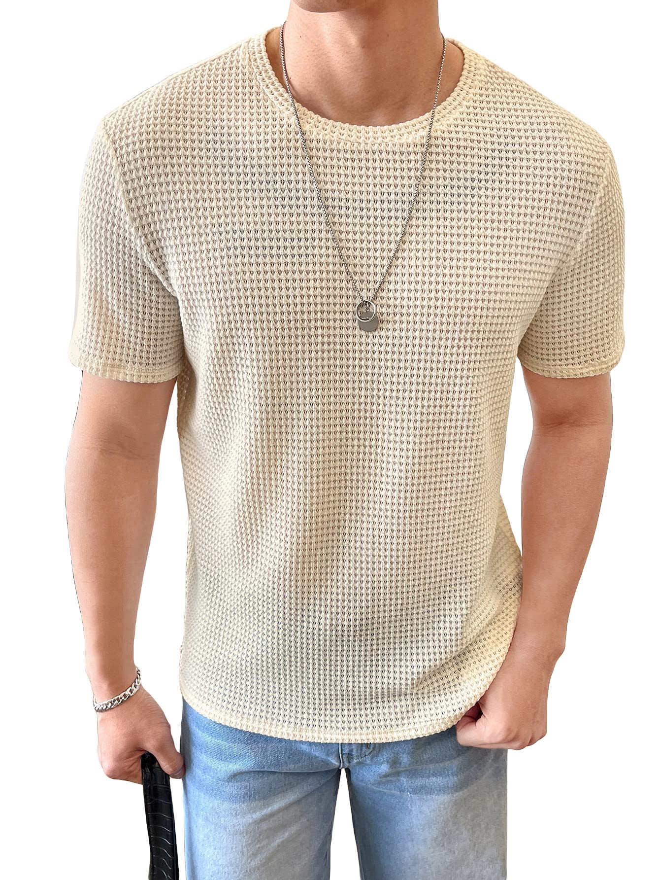 WDIRARA Men's Summer Casual Short Sleeve T-Shirt - Soft Waffle Knit Round Neck Tee for Outdoor Activities, Travel & Everyday Wear