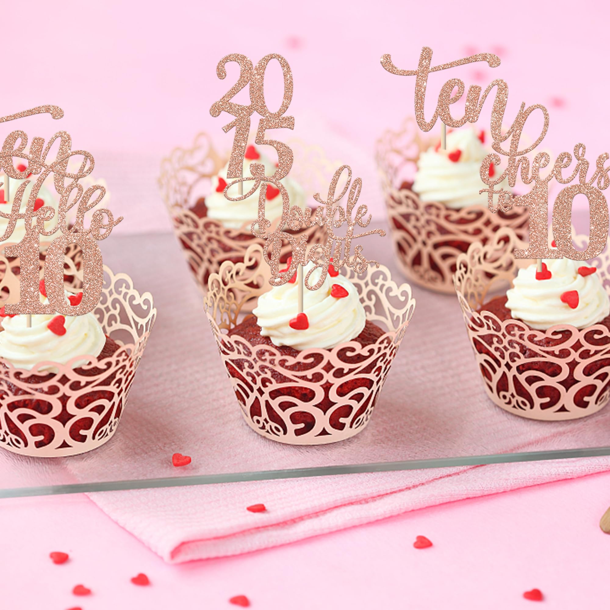 Rsstarxi 30 Pack 10th Birthday Cupcake Toppers - Glitter Double Digits Since 2015, Hello 10, Ten Cheers to 10 Years - Rose Gold Cake Decorations for Birthday Parties, Anniversary Celebrations & Special Events