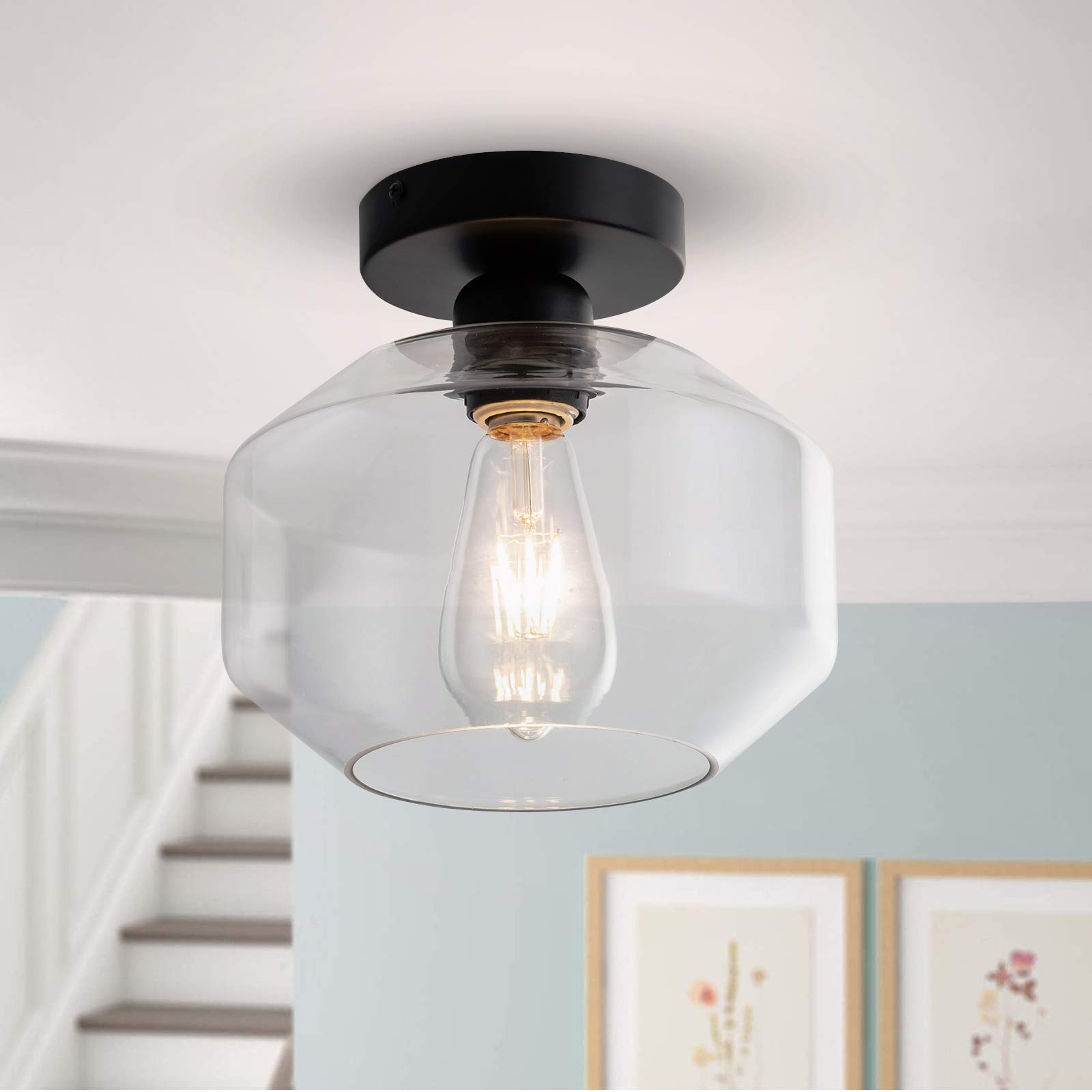 Vintage Farmhouse Semi Flush Mount Ceiling Light - Industrial Hanging Pendant with Clear Glass Shade for Porch, Hallway, Bedroom, Kitchen Island & More | Rustic Home Decor Lighting for Dining Room, Living Room, Bar and Corridor