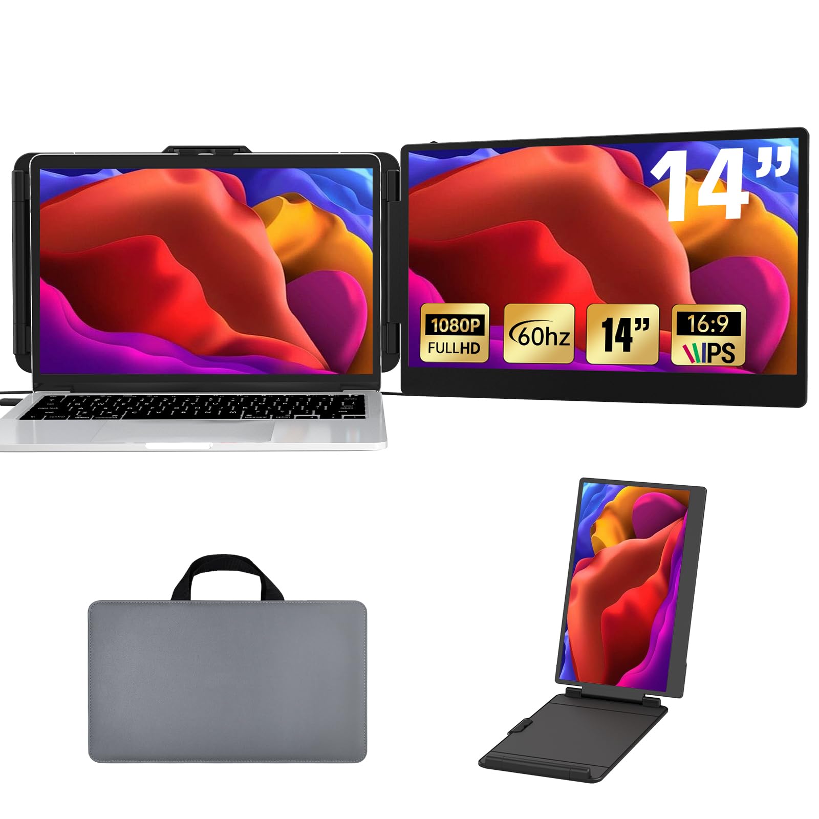 Portable 16:9 Laptop Monitor Extender - 1080P Full HD Plug & Play Second Screen with HDMI/Type-C for PC, Mac, Tablet & Phone | Perfect for Work, Gaming & Multi-Tasking