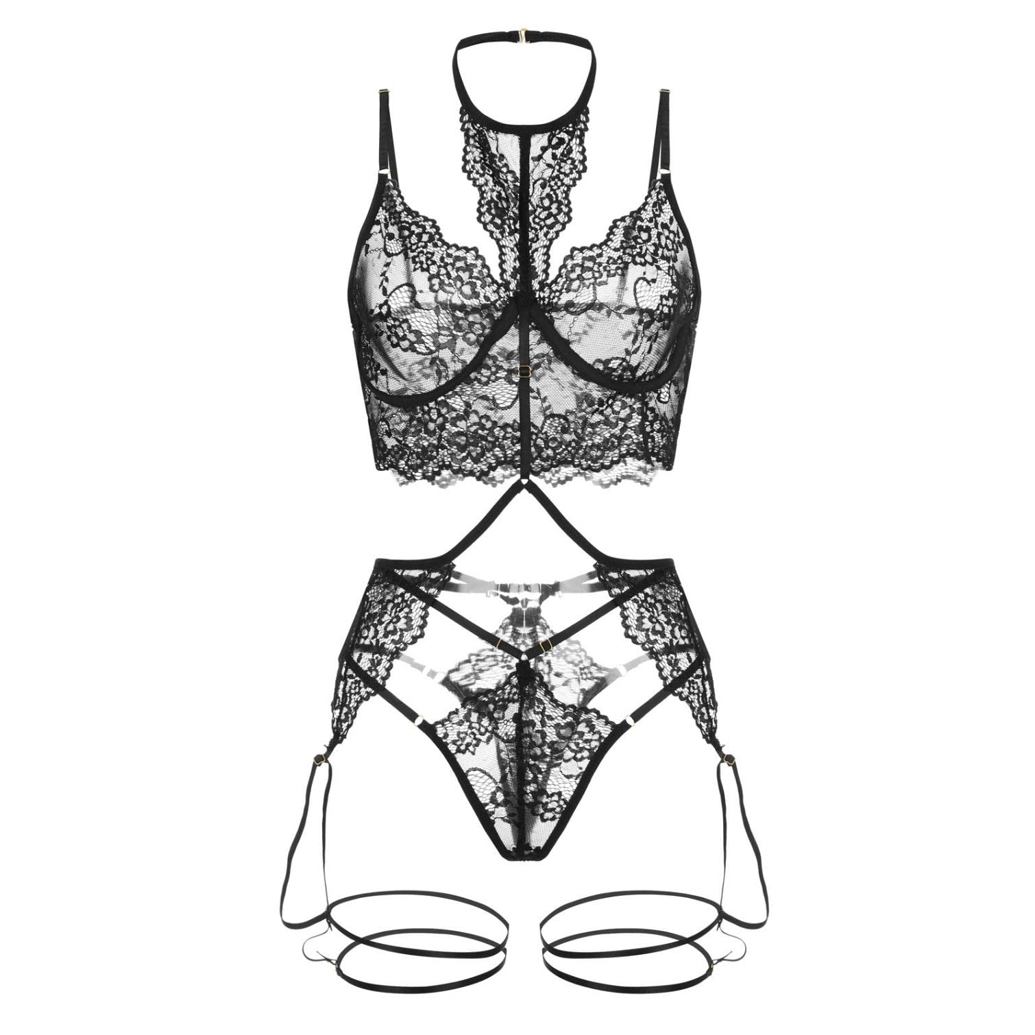 Sexy Lace Trim Floral Lingerie Set for Women - Bra & Garter with Choker - Valentine's Day, Christmas Gift & Boudoir Photoshoot