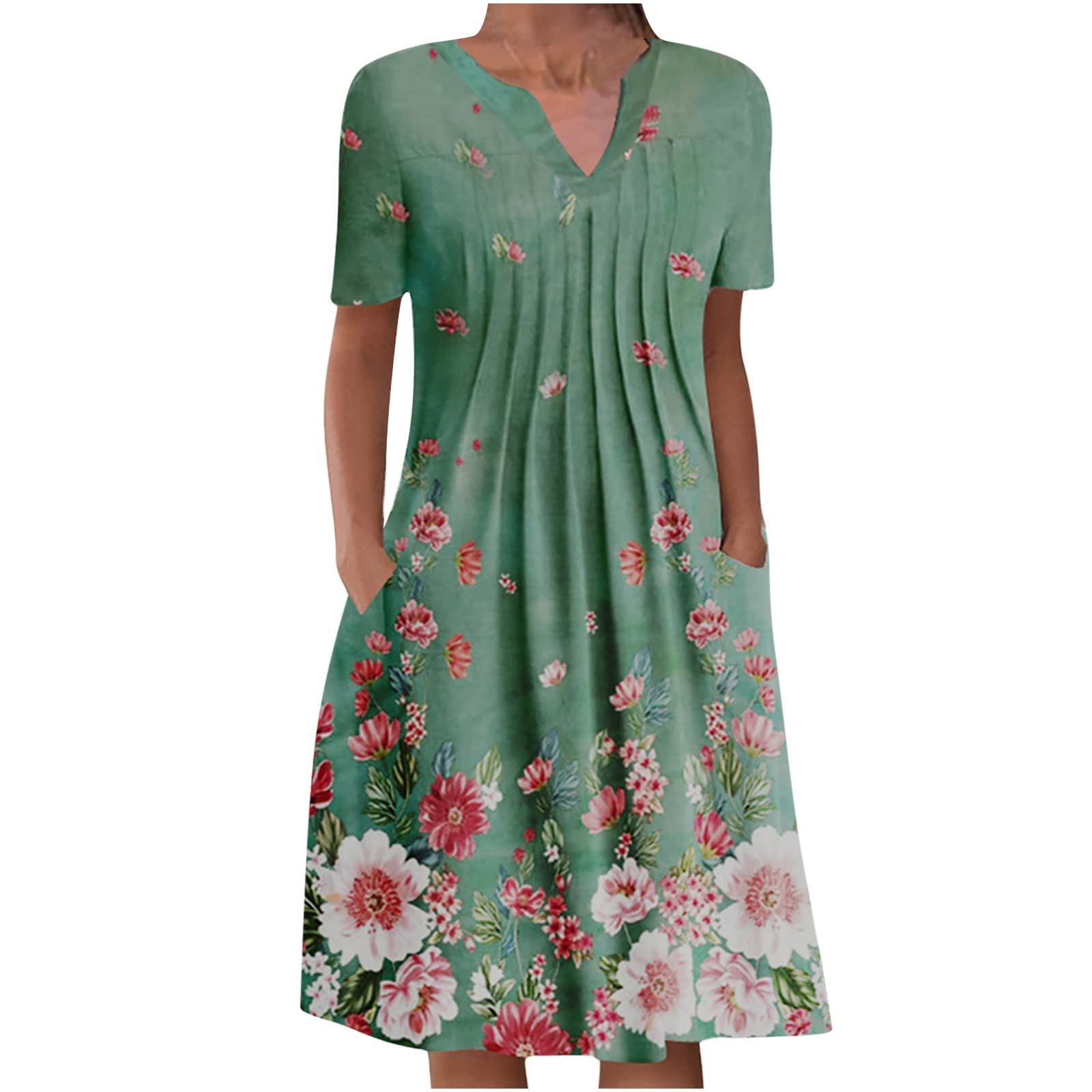 Women's Floral Print Casual Shift Dress - Crewneck Pleated Midi Sundress for Mature Ladies | Perfect for Parties, Brunch & Summer Outings
