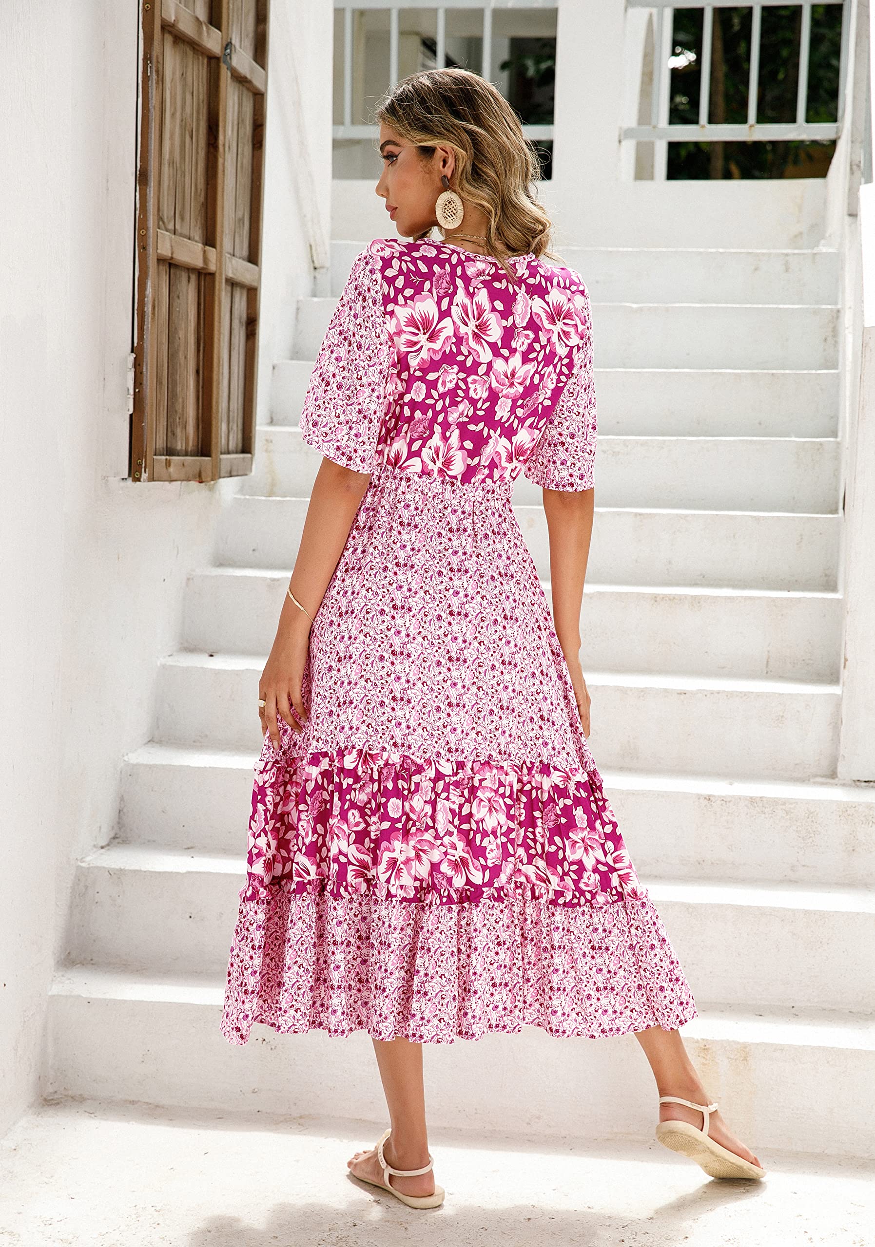 R.Vivimos Women's Floral Print Short Sleeve V-Neck Cotton Midi Dress with Button Front - Perfect for Beach Vacations, Summer Outings & Casual Wear