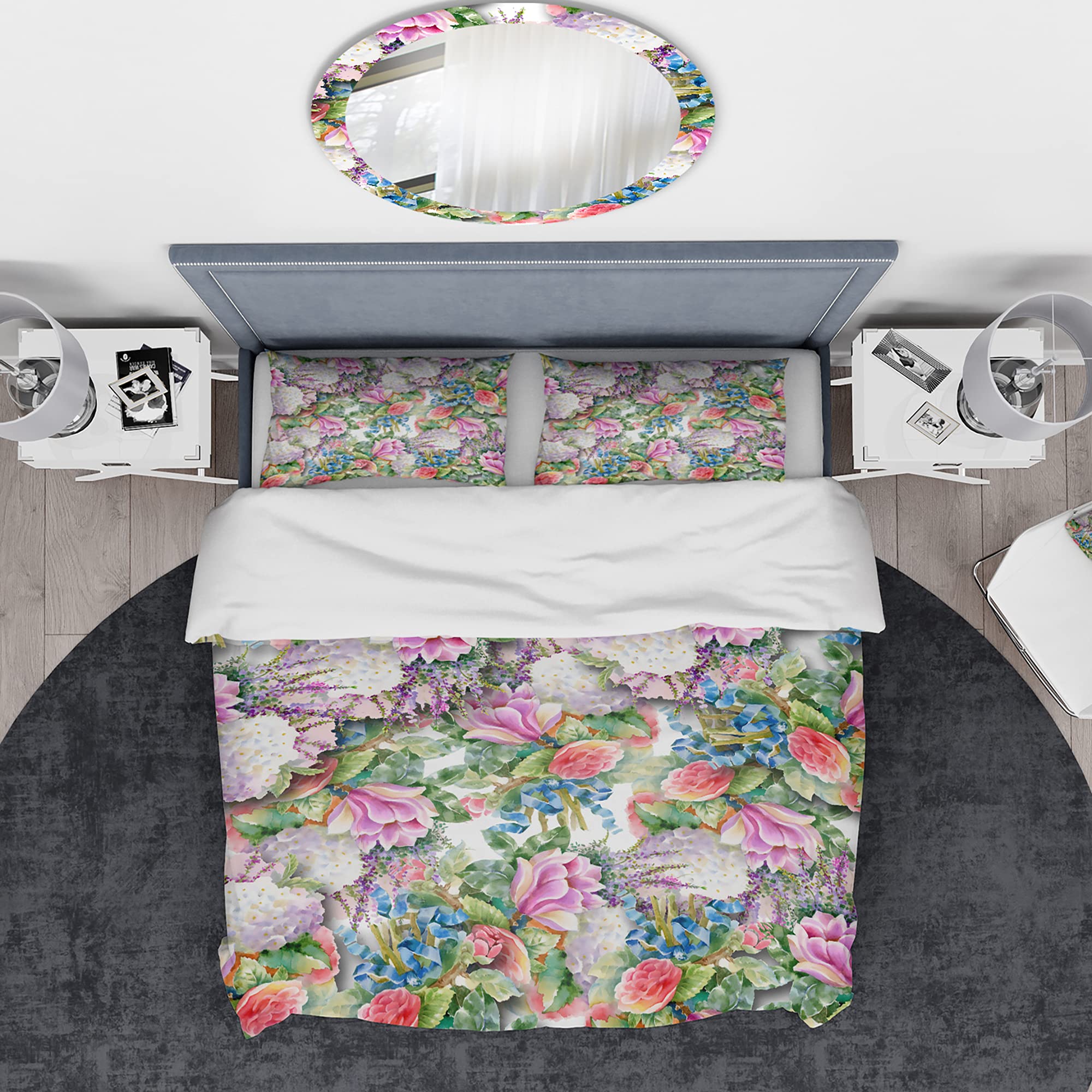 Pink Floral Duvet Cover Set King - Nautical Coastal Bedding for All Seasons