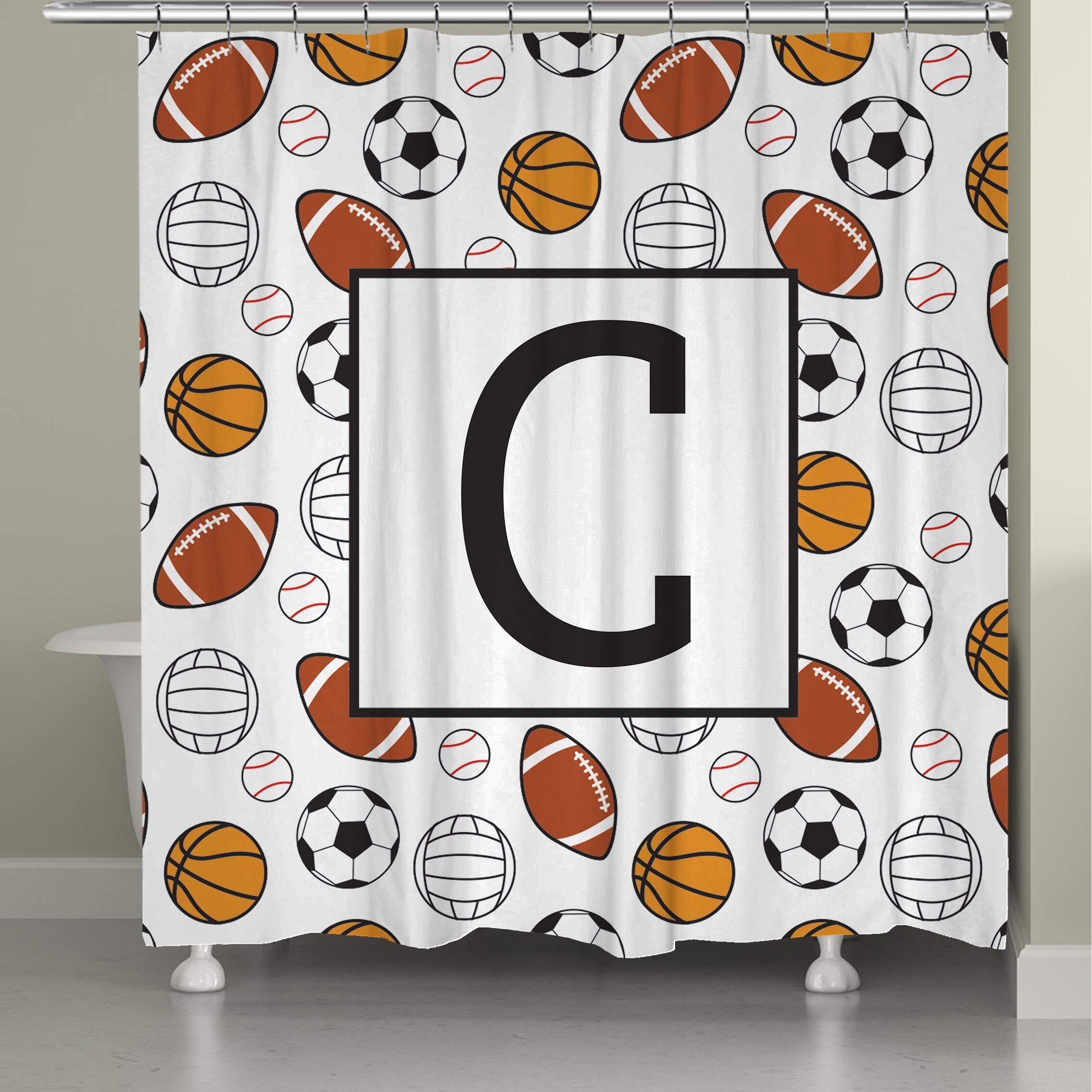 Laural Home Monogrammed Sports Shower Curtain - Waterproof Fabric Bathroom Decor for Boys, Girls, Teens - Perfect for Dorm, Gym, or Home Bathroom