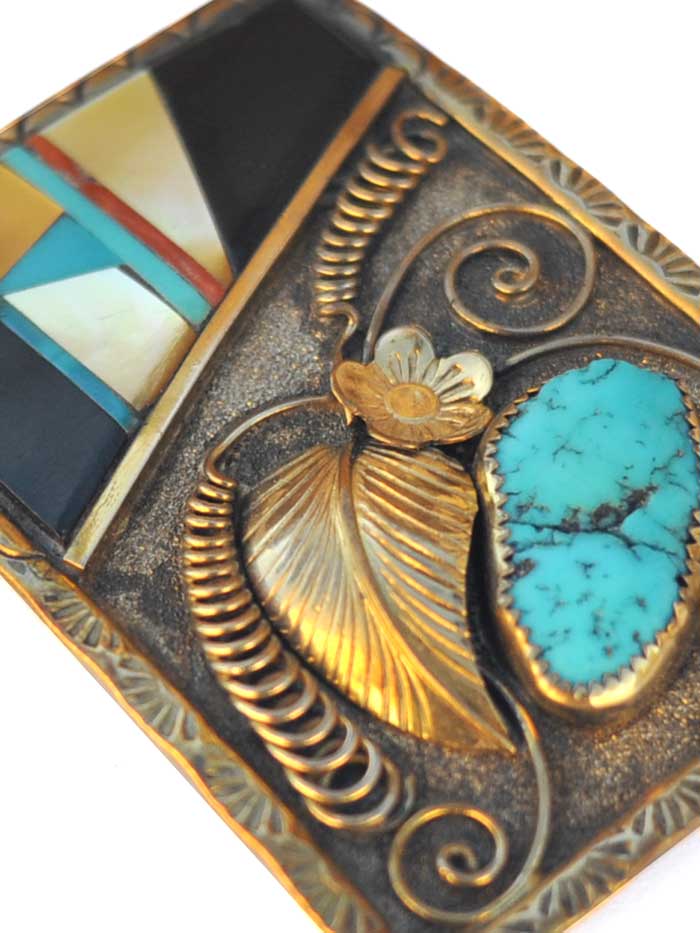 Johnson & Held EKINGFLORAL Sterling Silver Belt Buckle with Gold Leaf & Turquoise Stone - Western Style Accessory for Jeans, Cowboy Boots & Country Fashion