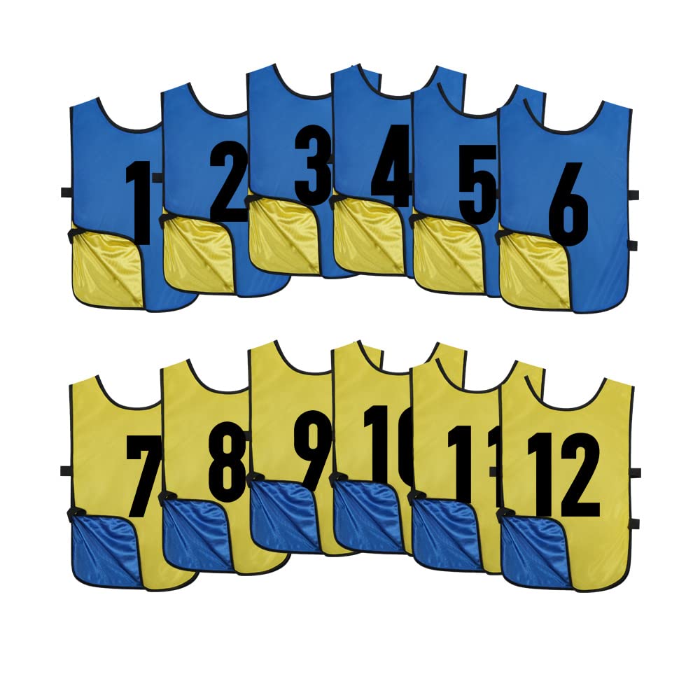 12 Pack Reversible Numbered Pinnies - Double Sided Scrimmage Vests for Kids & Adults - Team Practice Jerseys for Soccer, Basketball & Sports Training