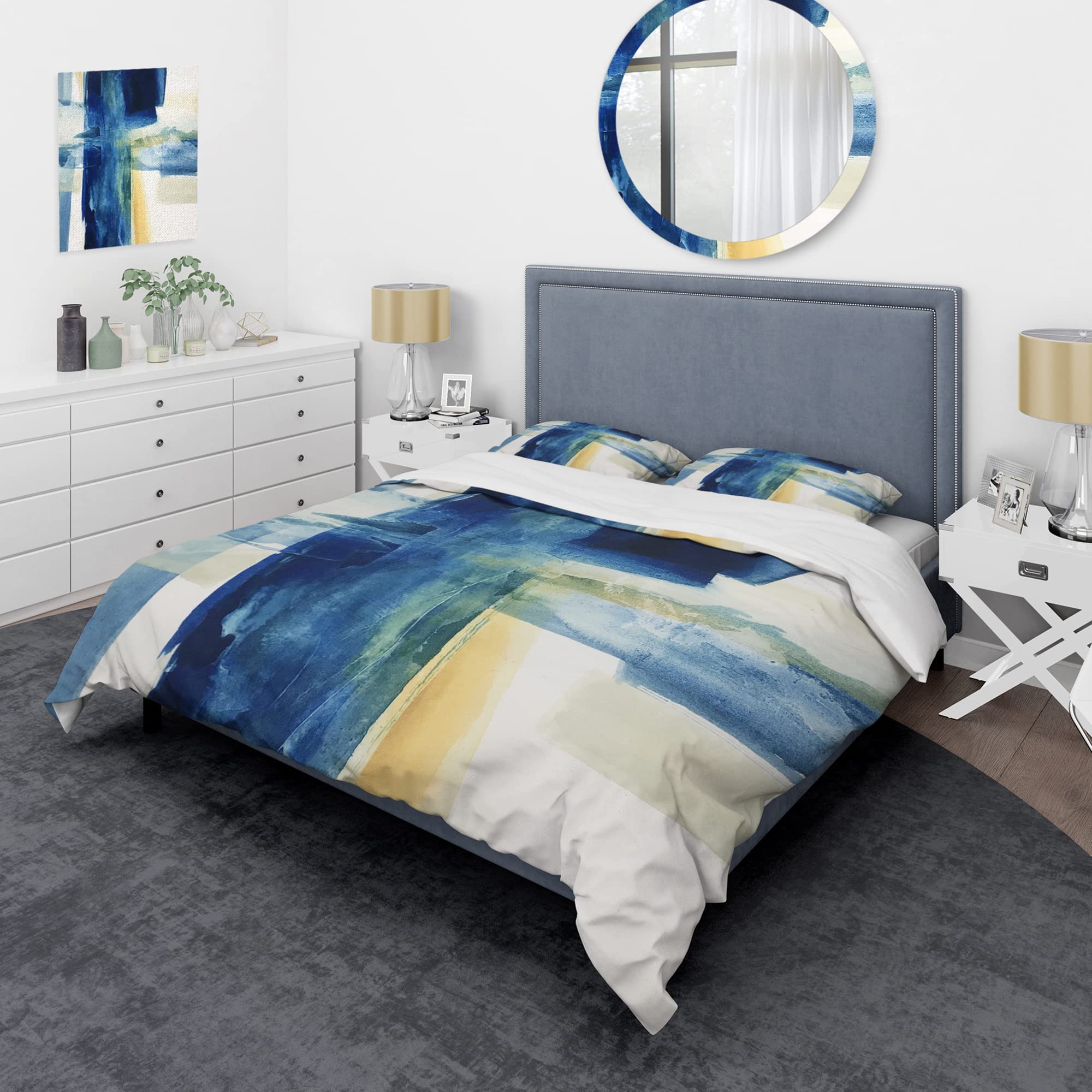 DesignQ Indigo Panel VI Modern & Contemporary King Duvet Cover Set - Blue Cottage Bedding 3-Piece All Season Set | Perfect for Master Bedrooms, Guest Rooms & Coastal Home Decor