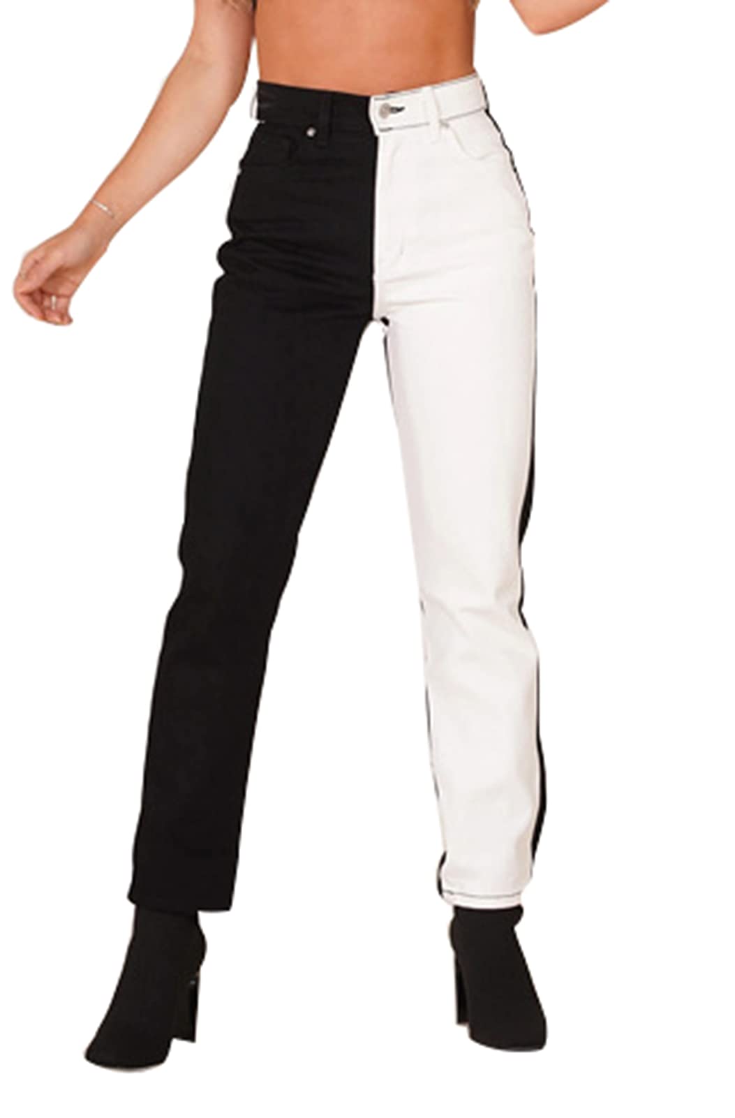 Women's High Waist Straight Leg Denim Jeans - Frayed Raw Hem & Casual Patchwork Design for Everyday Wear | Perfect for Work, Date Night & Weekend Outfits