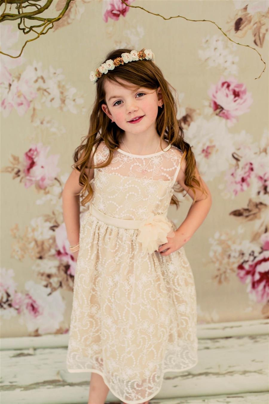 Ivory Champagne Flower Girl Dress - High-Quality Lace Pageant Dress for Weddings (Ages 2-14) | Perfect for Bridal Parties, First Communion & Special Occasions