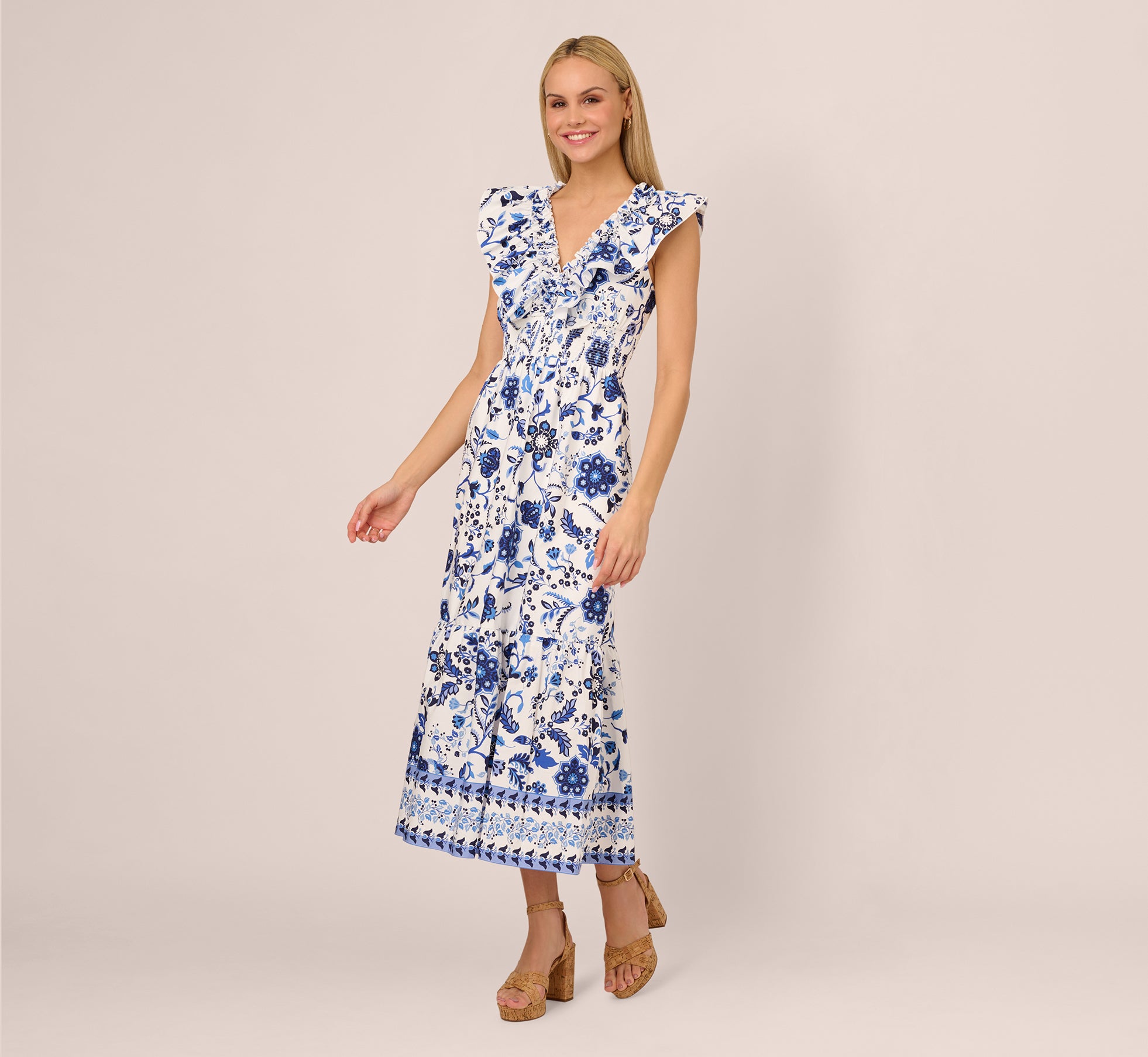 Women's Sleeveless Ruffle Collar Printed Midi Dress - White Blue Multi Color Floral Summer Dress for Beach Vacation, Garden Party & Casual Outings