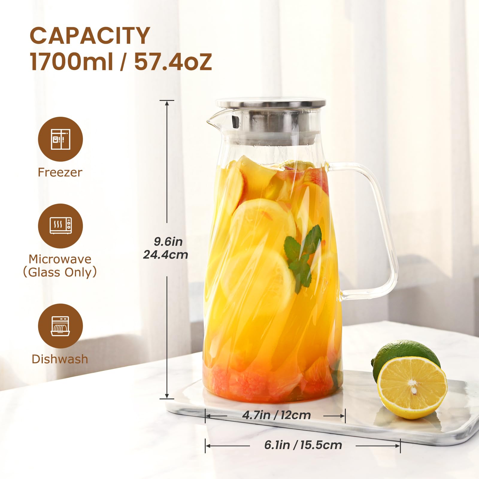VEVOK CHEF 57 oz Glass Pitcher with Lid - 1.7L Iced Tea & Sun Tea Pitcher - BPA-Free Beverage Carafe for Hot/Cold Drinks, Juice, Milk, Water - Perfect for Refrigerator, Parties, and Outdoor Gatherings