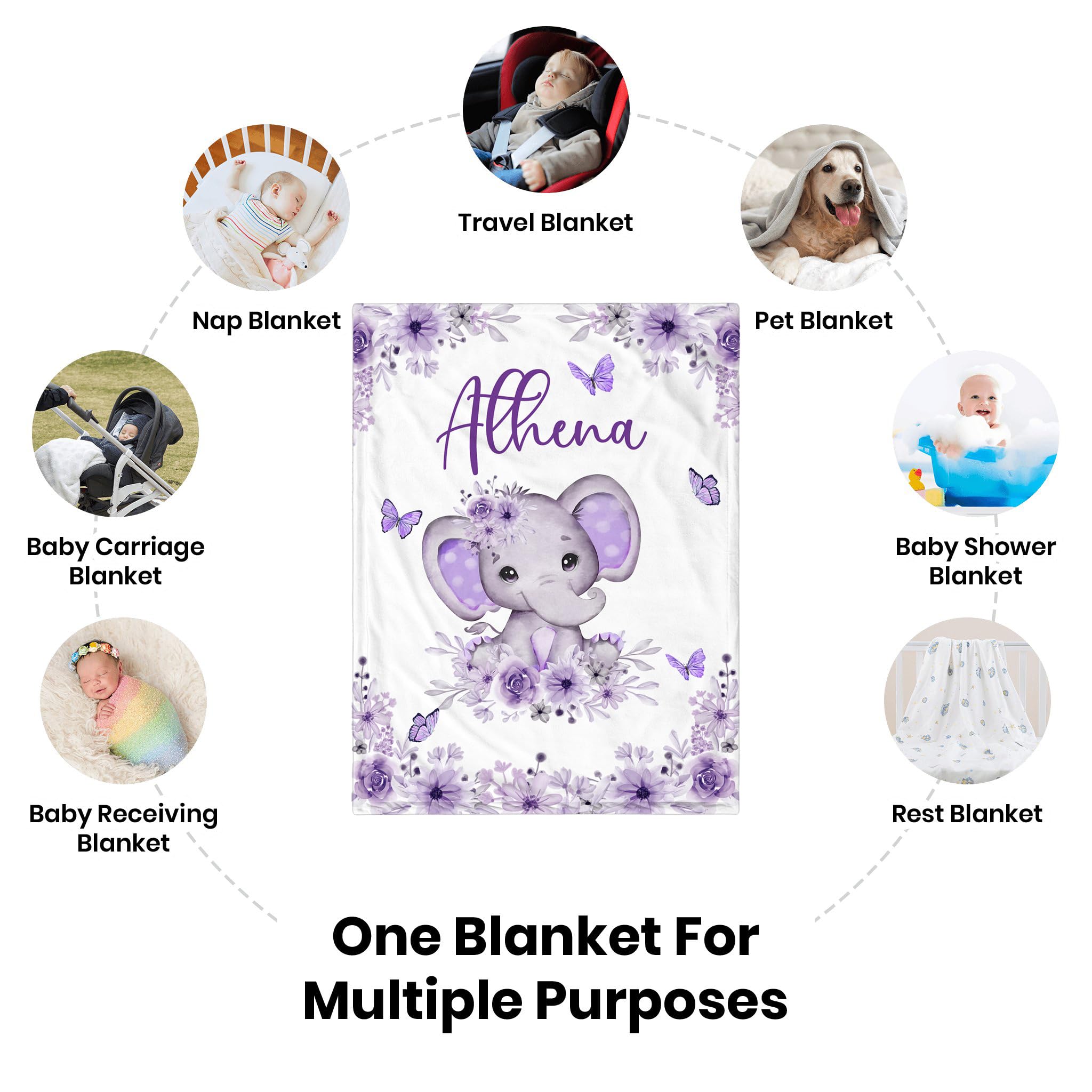Custom Personalized Baby Blanket for Girls with Name - Soft Cozy Elephant Design Blankets for Toddlers & Infants - Perfect Birthday Gift for Newborns & Baby Showers