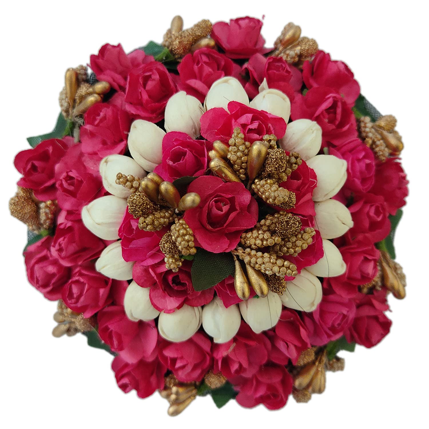 GuruEmbellish Multicolor Golden Beads & Pink Flower Hair Gajra - Stylish Artificial Hair Accessories for Women & Girls - Perfect for Weddings, Parties & Festive Occasions