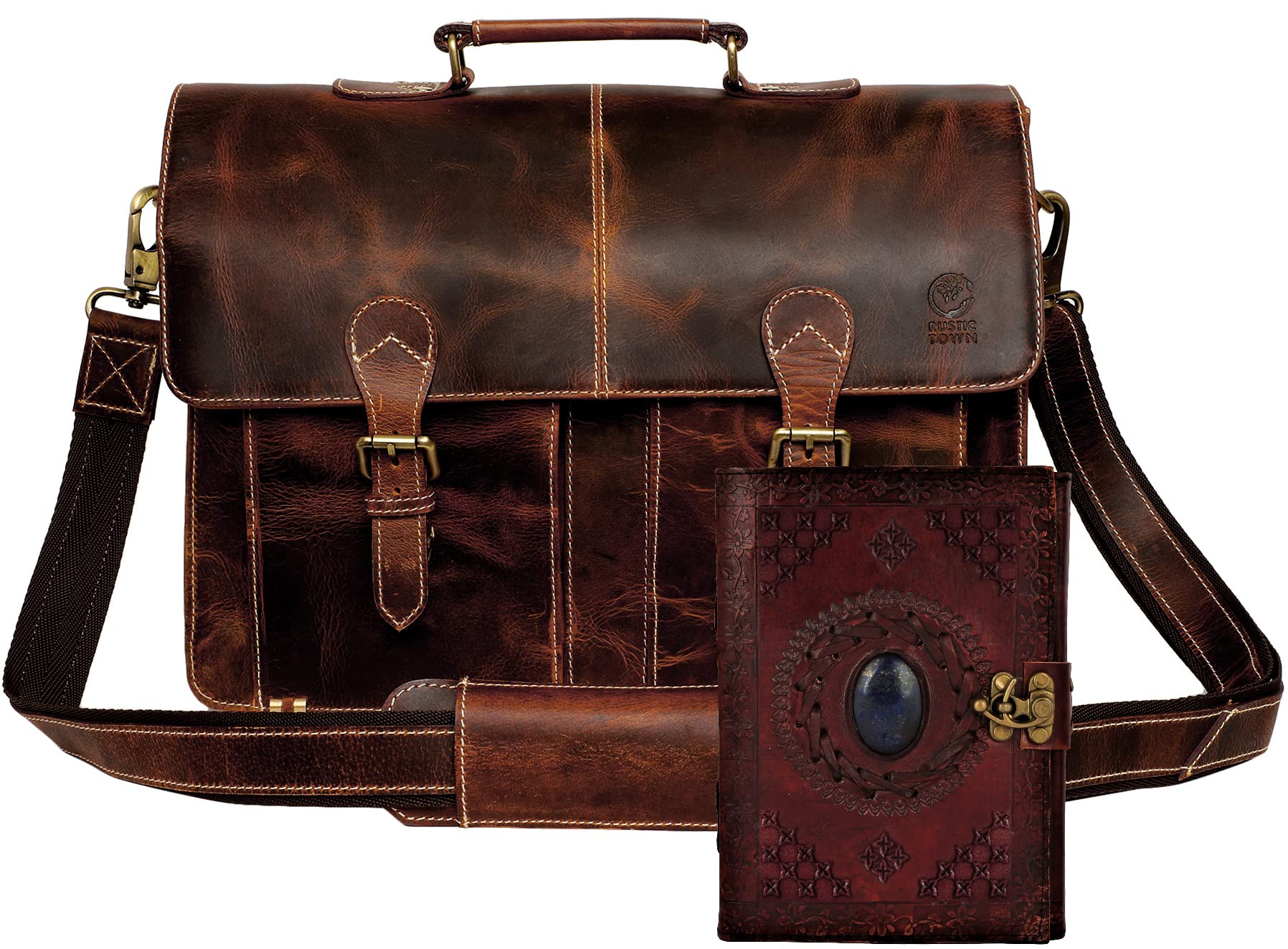 Genuine Leather Crossbody Messenger Bag - 15.6 Inch Laptop Side Bag with Vintage Leather Journal - Perfect Work, Office & School Accessory for Men & Women | Ideal for Commuting, Business Travel & College