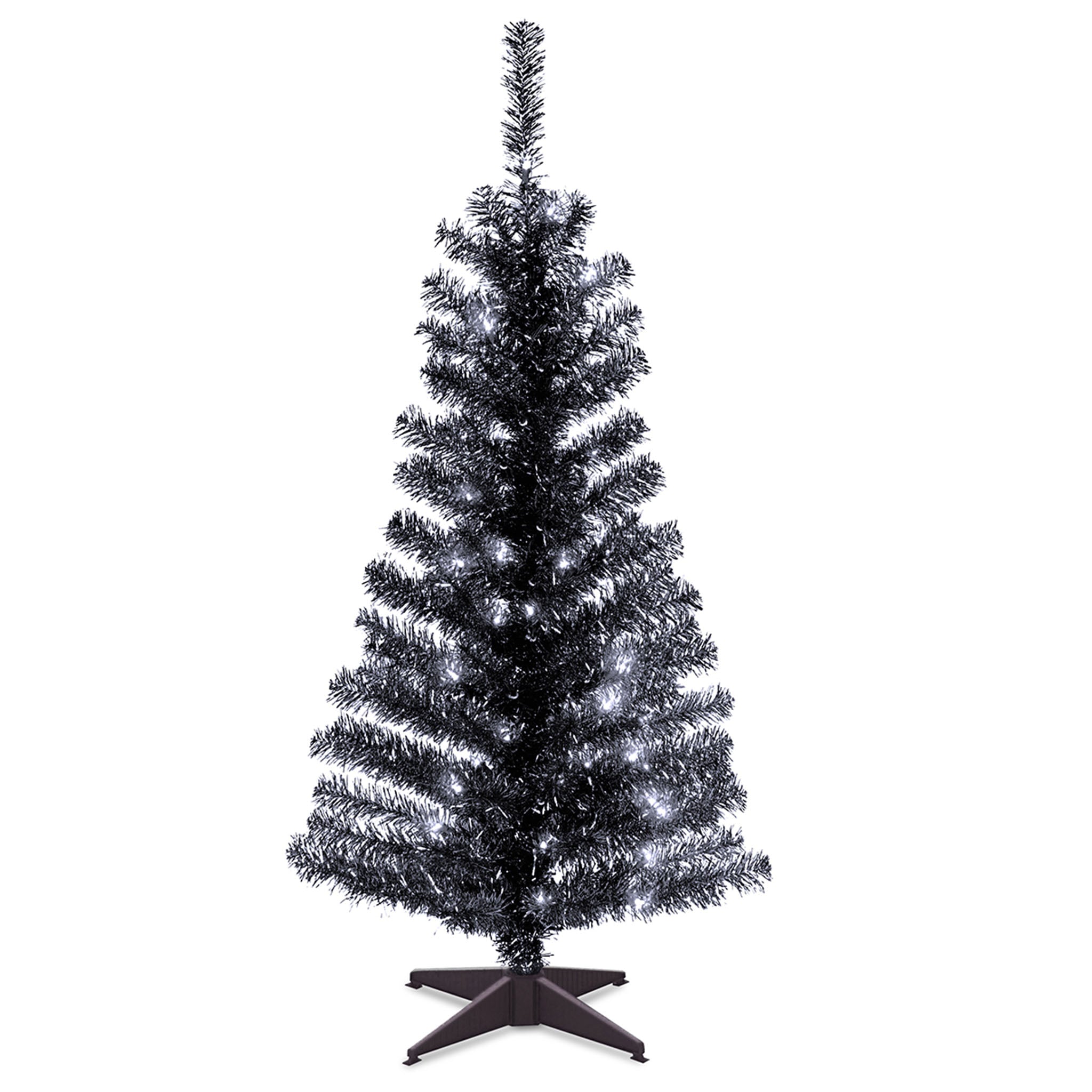 4 ft. Halloween Pre-Lit Black Tinsel Tree with White LED Lights - Spooky Holiday Decor for Home, Party & Indoor/Outdoor Use