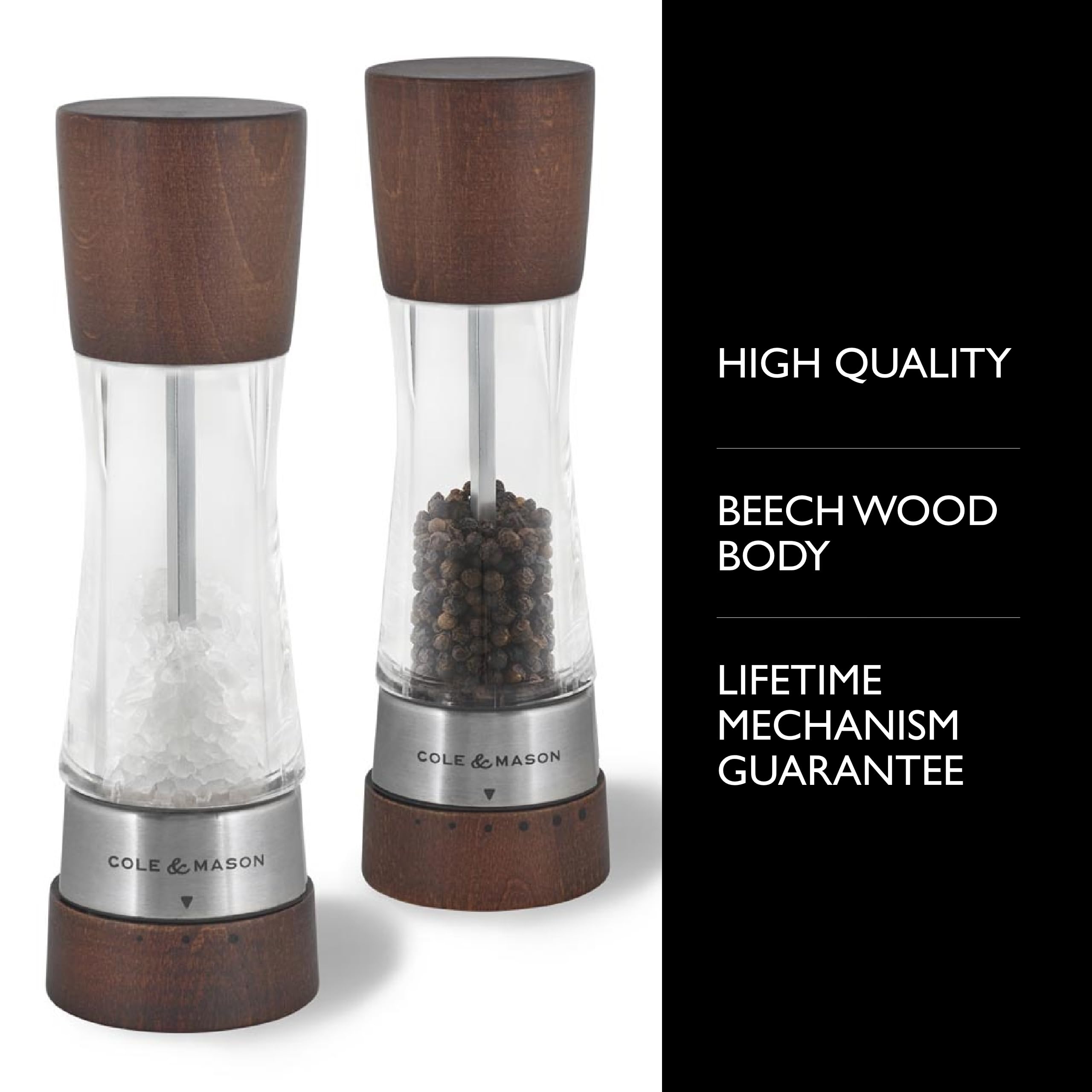 Cole & Mason Derwent Salt and Pepper Grinder Set - Premium Stainless Steel Precision Mechanism with Adjustable Coarseness, Includes Sea Salt & Peppercorns - Elegant Forest Wood Finish for Kitchen, Dining Table & Gourmet Cooking