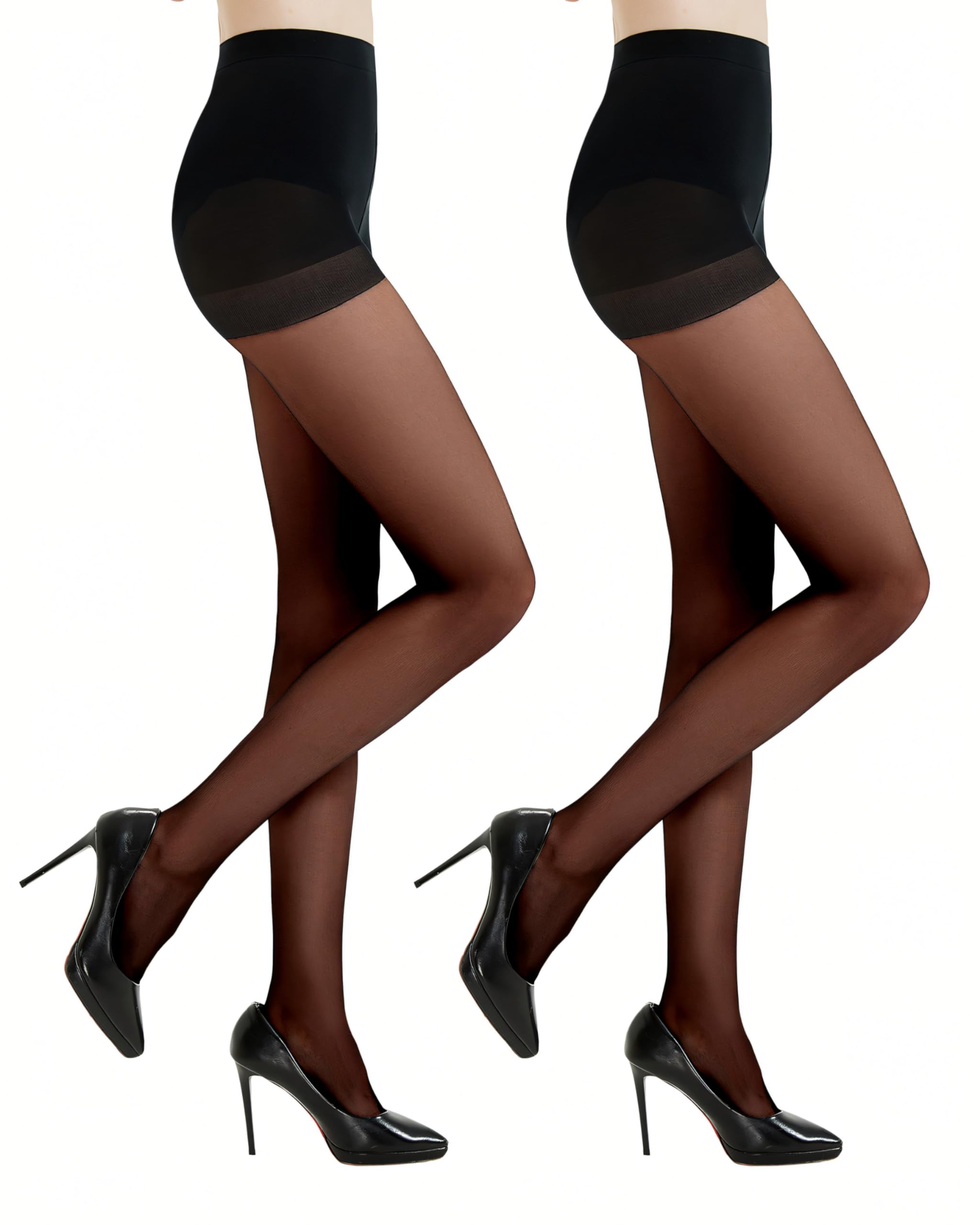 2 Pairs Women's Black 20D Tights - Silky Control Top Pantyhose for Work & Daily Wear