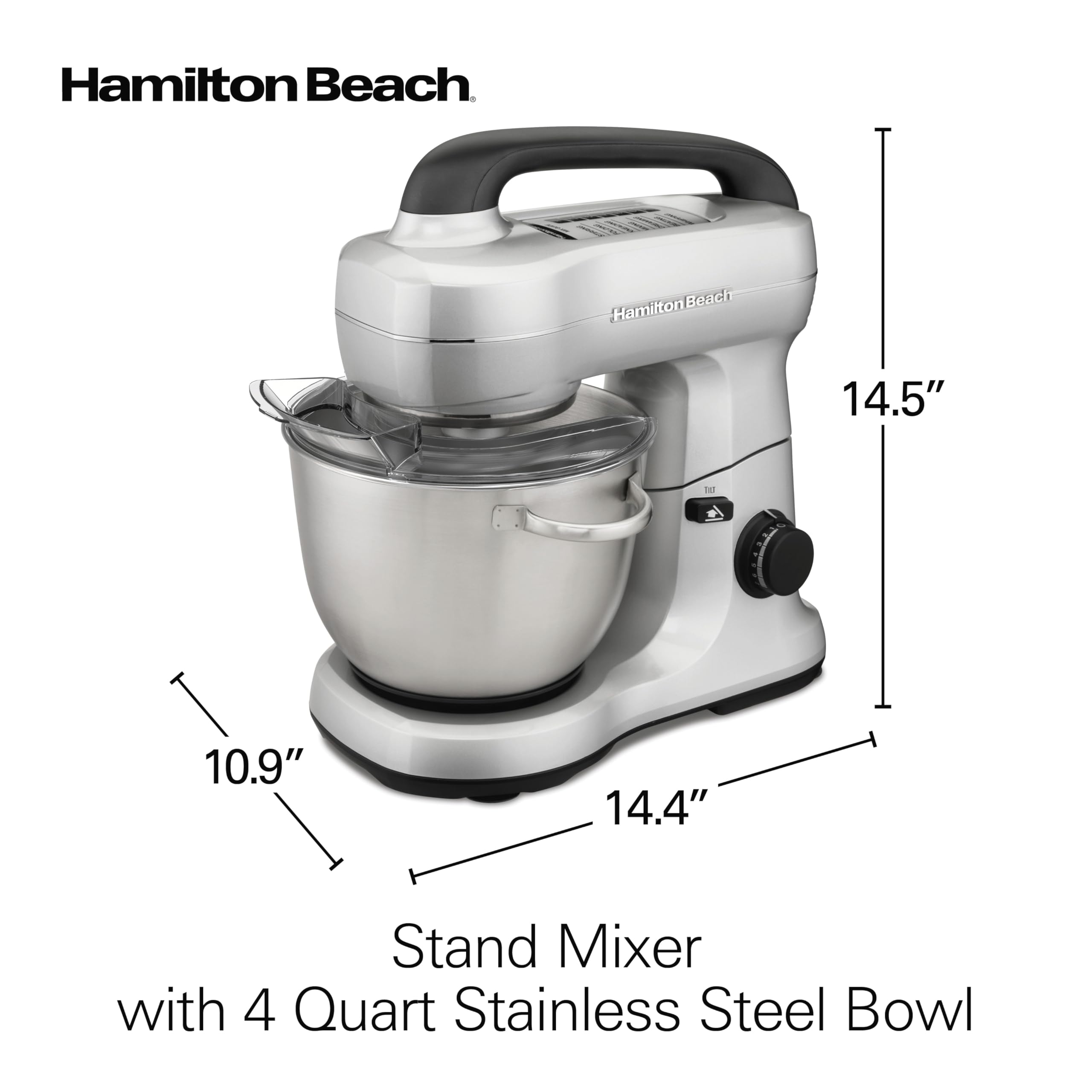 Hamilton Beach 4-Quart Electric Stand Mixer with Dough Hook, Flat Beater & Whisk - 7 Speed Settings & Splash Guard - Perfect for Baking Bread, Cakes & Cookies (Silver)