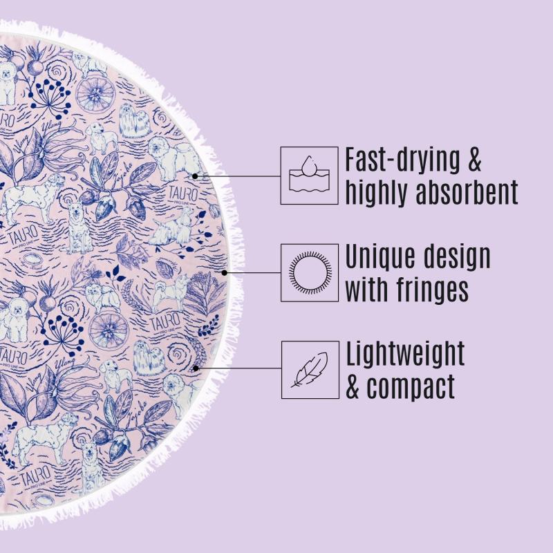 Tauro Pro Line Round Microfiber Towel - Unique Pink & Blue Fringed Design for Gym, Yoga, and Sports - Ultra Soft & Absorbent Quick-Dry Towel