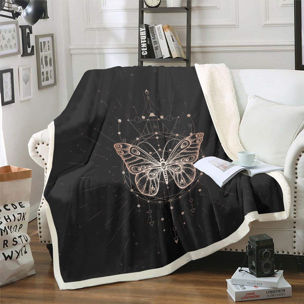 Erosebridal Bohemian Moth Flannel Throw Blanket - Soft Sherpa Dream Catcher Design, Geometric Hippie Bed Blanket for Queen Size - Perfect for Nursery, Living Room & Cozy Home Decor