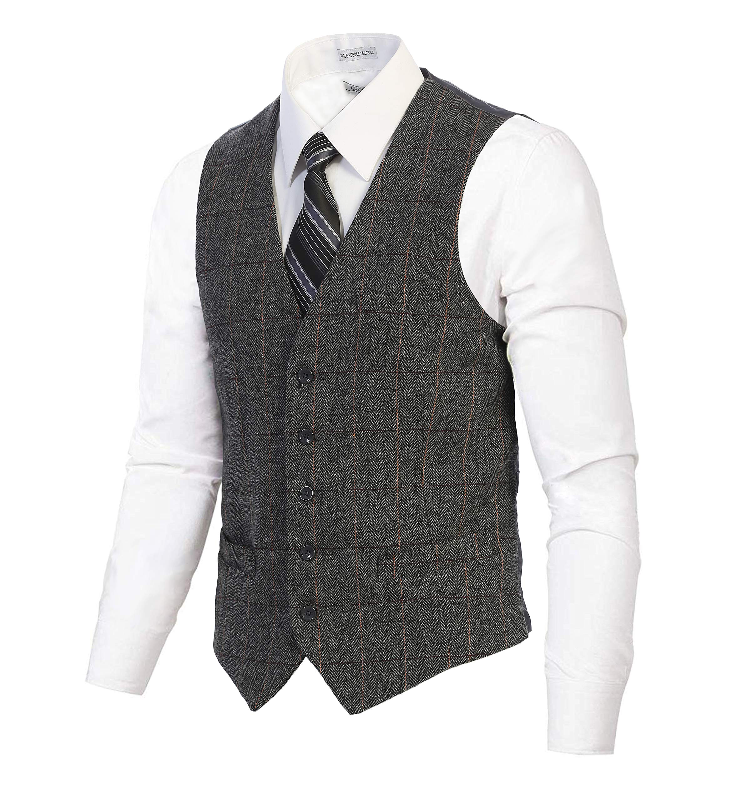 Gioberti Men's 5-Button Slim Fit Herringbone Tweed Vest - Formal Waistcoat for Weddings, Business & Special Occasions