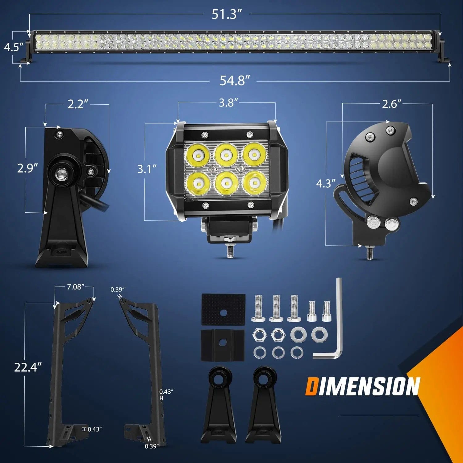 52 Inch Double Row Spot Flood LED Light Bar with 4 Inch 18W Spot LED Pods (Pair) - 16AWG Wiring & 3Pin Switch - Universal Windshield Frame Mount for Jeep Wrangler JK 2007-2017 - Perfect for Off-Roading, Night Driving & Adventure Vehicles