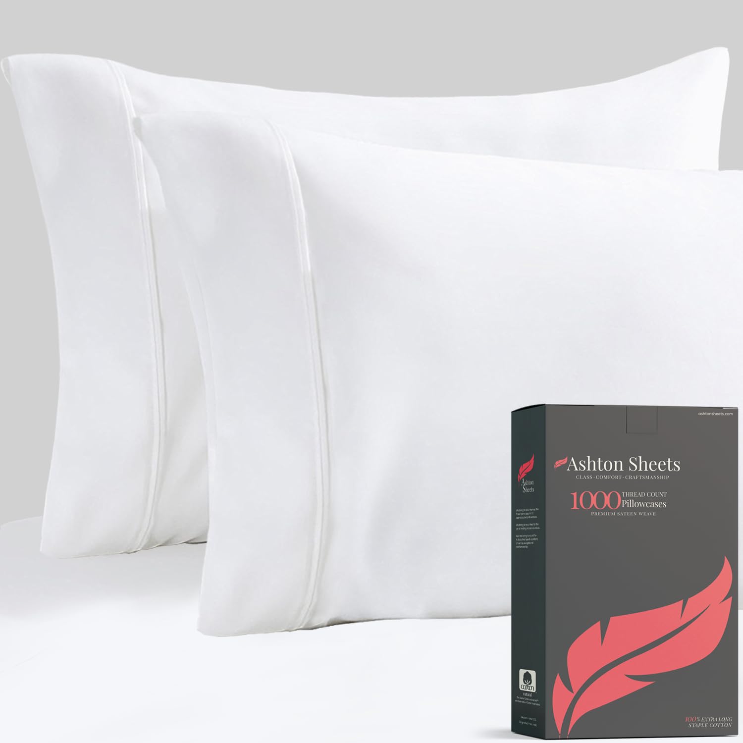 Luxury 1000 Thread Count Egyptian Cotton Pillowcases Set of 2 - White Standard/Queen Size, Soft Sateen Weave Cooling Pillow Covers for Bedroom, Hotel & Guest Room