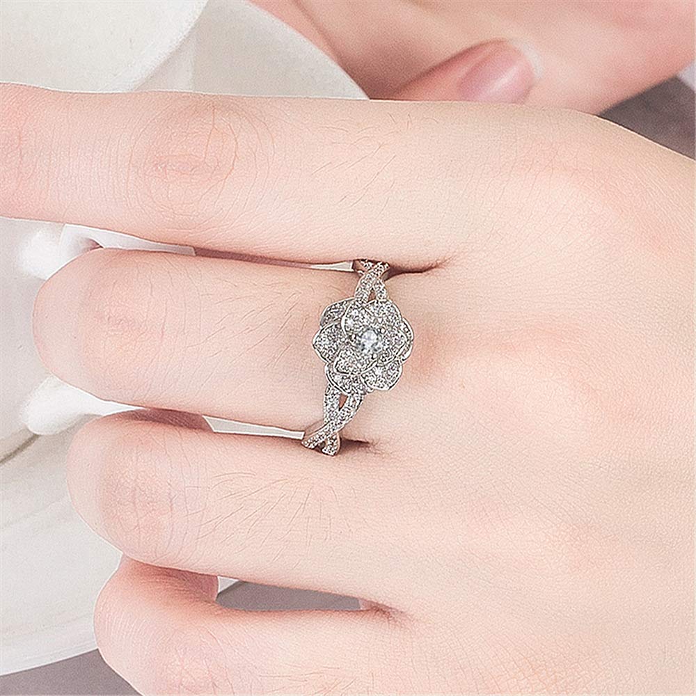 18K Platinum Plated Rose Gold 3D Rose Flower Ring for Women - Cubic Zirconia Diamond Engagement & Wedding Ring (Size 7, Silver) | Perfect for Anniversary Gifts, Valentine's Day & Bridal Jewelry