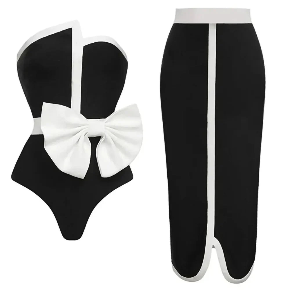 Women's Black & White Vintage Swimsuit - Elegant Tube Top Bikini with Bow Belt & Asymmetrical Skirt for Beach, Pool & Summer Vacations