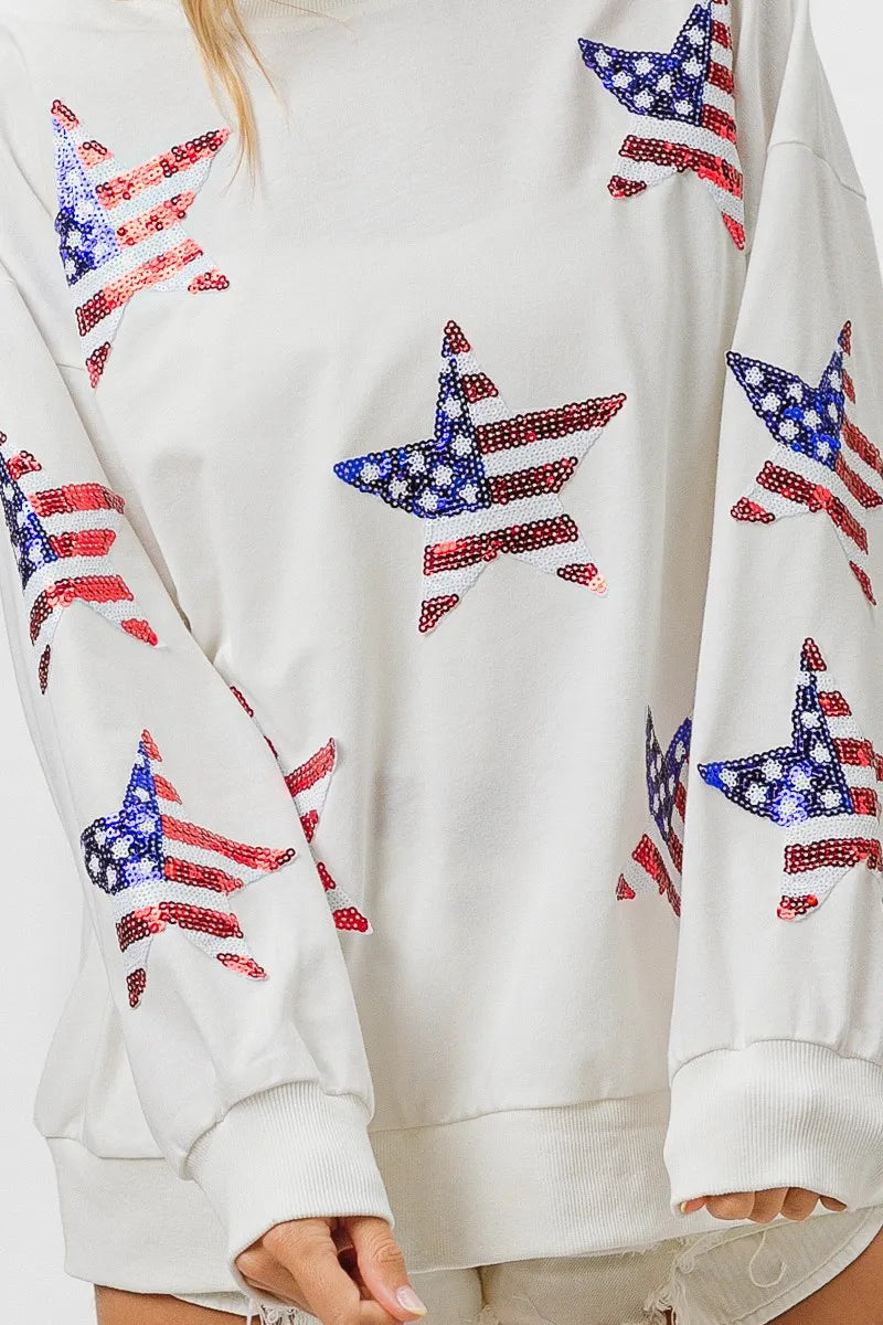 BiBi American Flag Sequin Star Sweatshirt - Patriotic Pullover with Sparkling Stars | Perfect for 4th of July, Veterans Day & USA Themed Parties