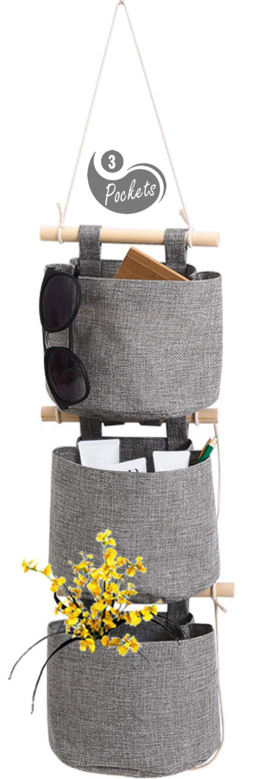 AARAINBOW 1 Pack Mini Cotton Linen Fabric Hanging Storage Organizer with 3 Pockets - Detachable, Foldable & Washable Closet Door Organizer for Bedroom, Bathroom & Small Spaces (Gray) - Perfect for Storing Accessories, Toiletries & Home Essentials