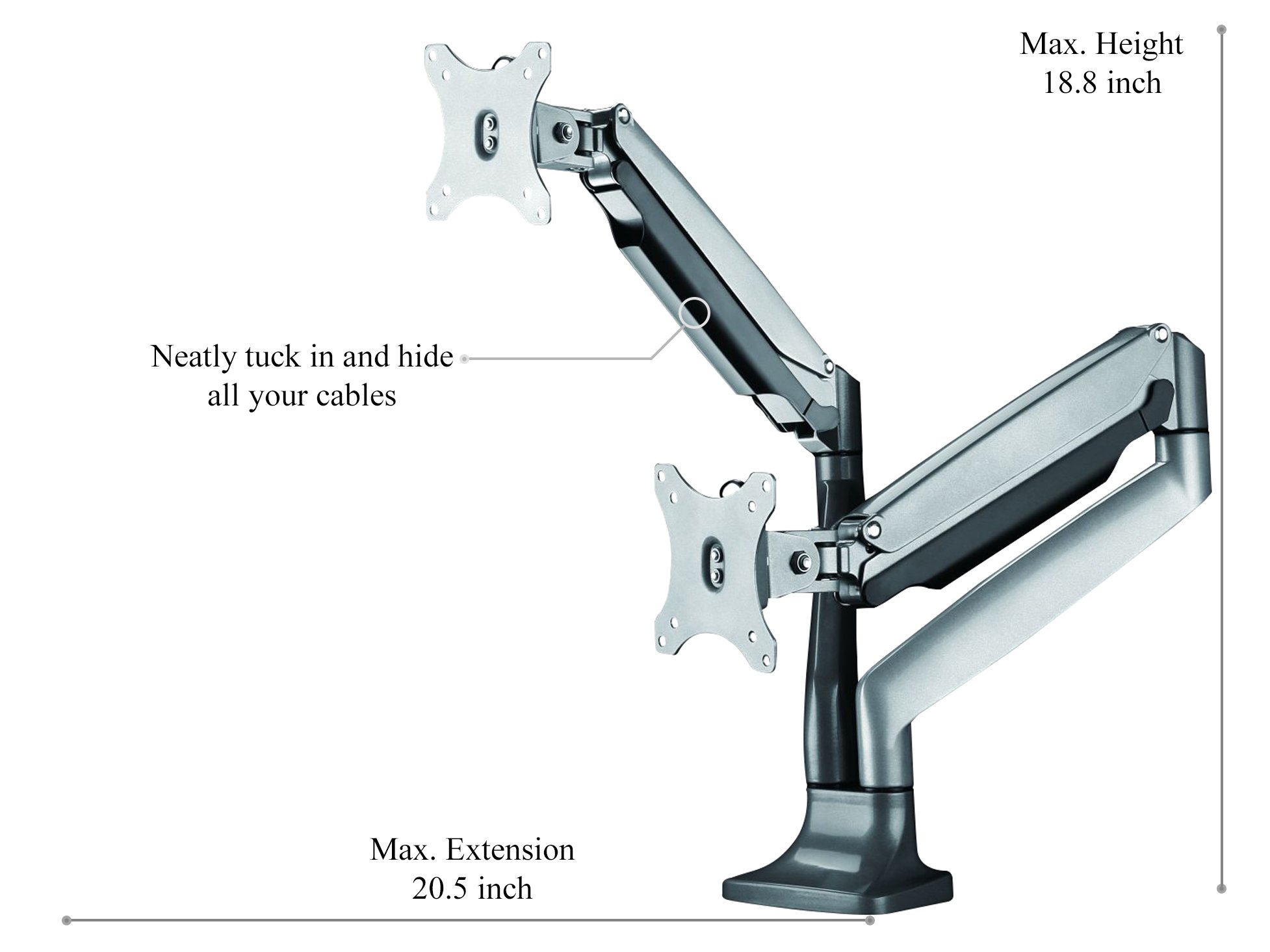 TechOrbits Dual Monitor Stand with SmartSWIVEL - Full Motion Adjustable Gas Spring Arm for 13-30 Inch Screens - Ergonomic VESA Mount for Home Office & Gaming Setup