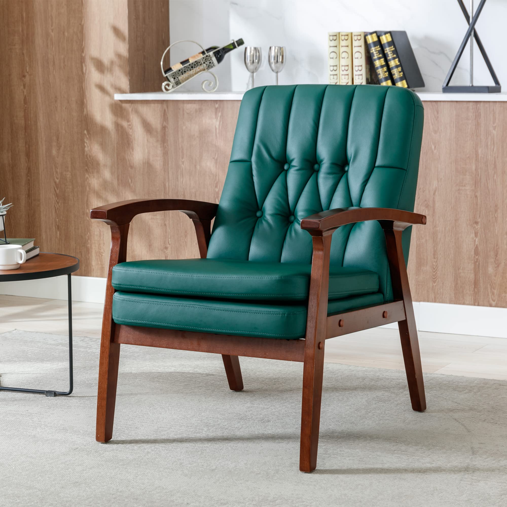 Mid-Century Modern Accent Arm Chair - PU Leather Upholstered Lounge Chair with Thick Padded Backrest & Seat Cushion, Comfortable Reading Armchair for Living Room, Bedroom or Office (Blackish Green) - Perfect for Relaxing, Reading & Enhancing Home Decor