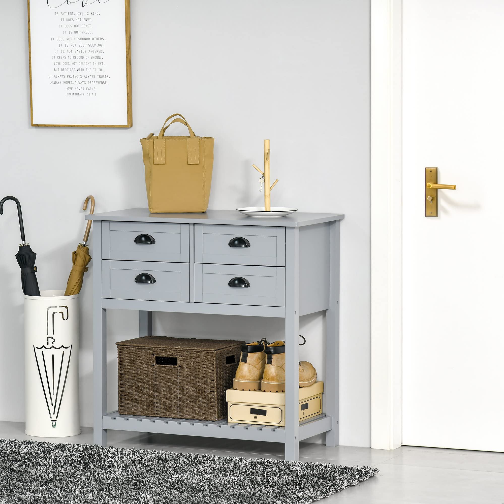 HOMCOM Gray Coffee Bar Cabinet - Kitchen & Living Room Sideboard Buffet with 4 Drawers & Slatted Bottom Shelf | Perfect for Home Bar Setup, Dining Room Storage & Small Space Organization