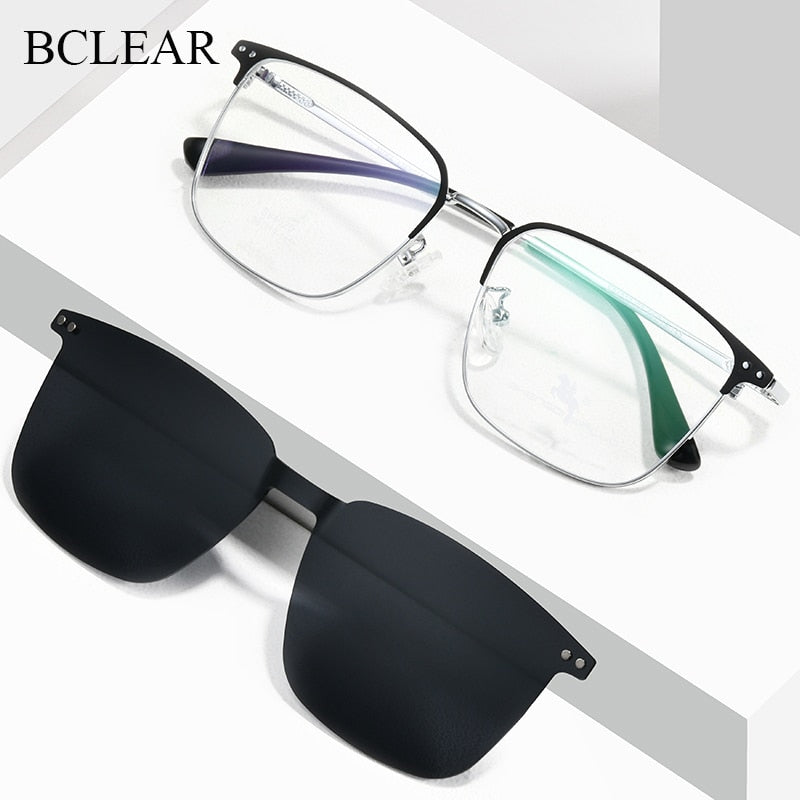 Bclear Men's Full Rim Square Alloy Frame Eyeglasses with Clip-On Polarized Sunglasses - ZT94020 | Stylish UV Protection for Driving, Outdoor Activities & Everyday Wear